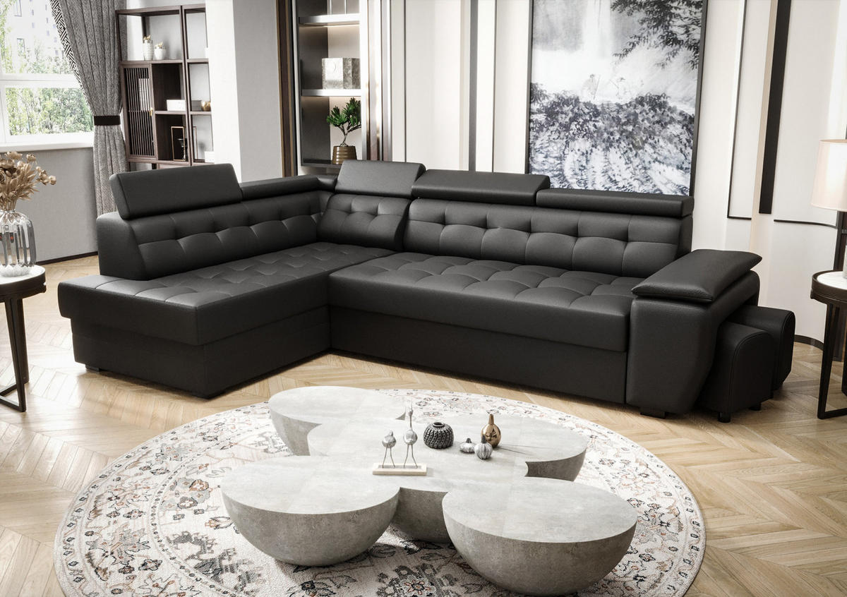 ECKSOFA KONGO RBN15, Eckcouch in L-Form mit Schlaffunktion, Farbe: Schwarz, Kunstleder, Ottomane Links - Schwarz, Textil (277/180cm) - O-Sofa