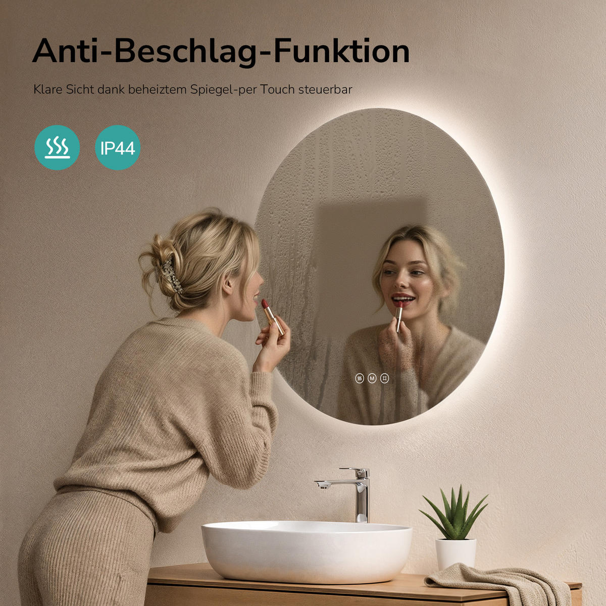 BADSPIEGEL Rund mit Beleuchtung Rahmenlos, 3 Lichtfarben, beschlagfrei, Ø 80 cm - Weiß, Glas (80/3.5/80cm) - EMKE