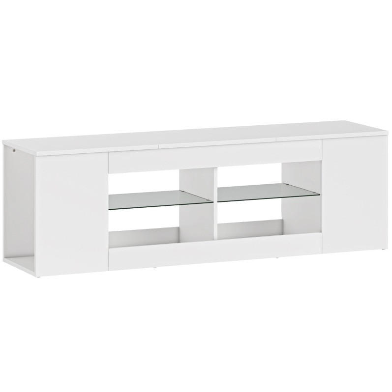 Modfu TV stolek z dřevotřísky a skla 140x35x42.5 cm bílý se 6 přihrádkami a 2 skleněnými policemi pro TV až 65"