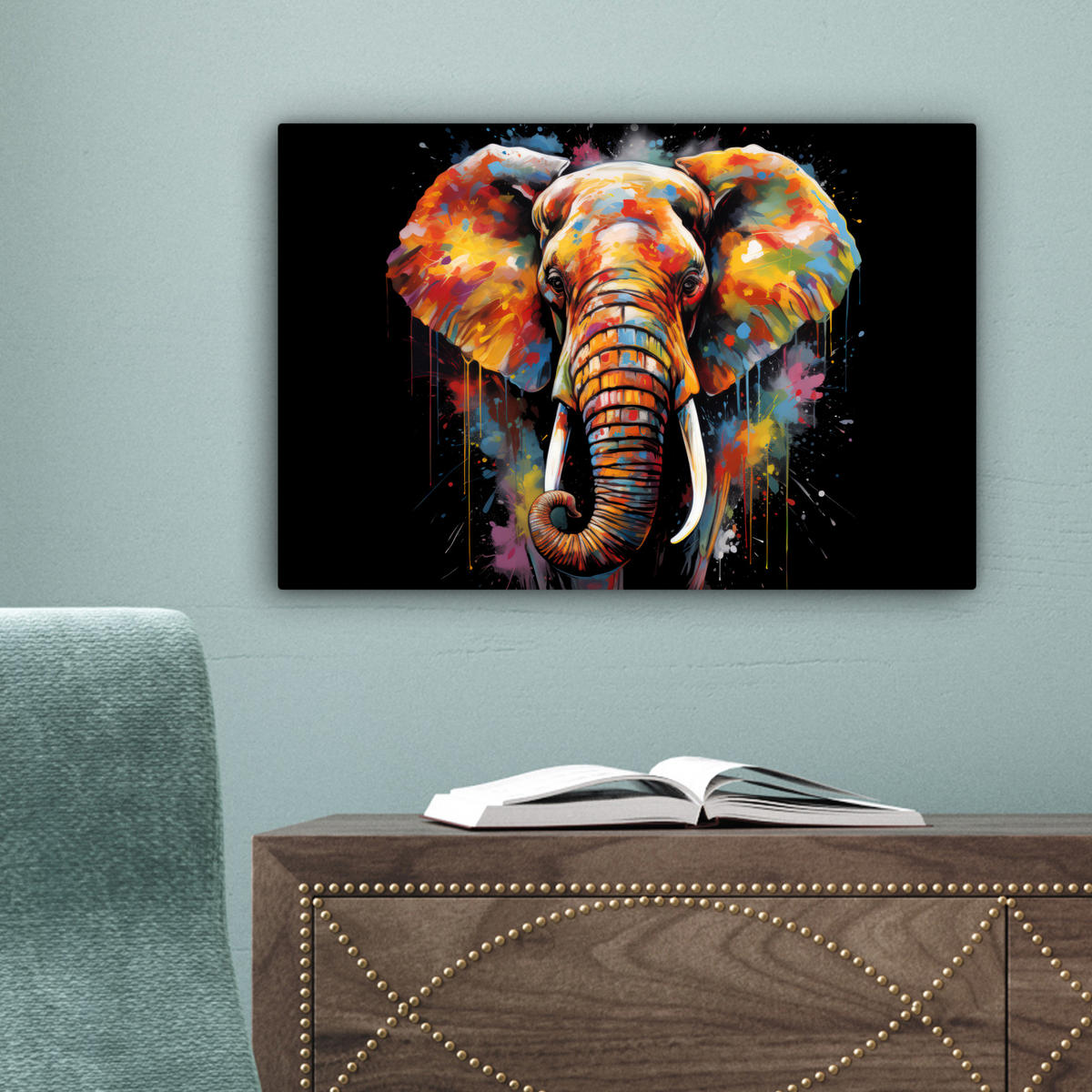 LEINWANDBILD Elefant - Graffiti - Schwarz - Tiere - Farben 30x20 cm - Schwarz, Textil (30/20cm) - MuchoWow