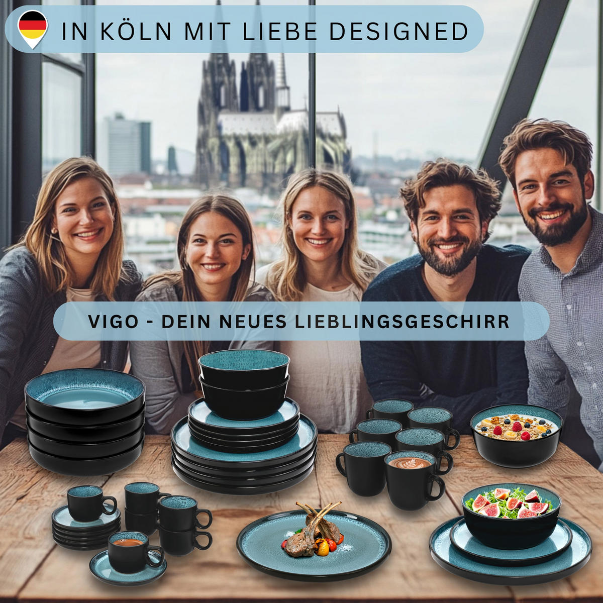 PASTASCHALEN SET VIGO - 6 teilig aus Steingut - Blau, Stein (22cm) - Sänger