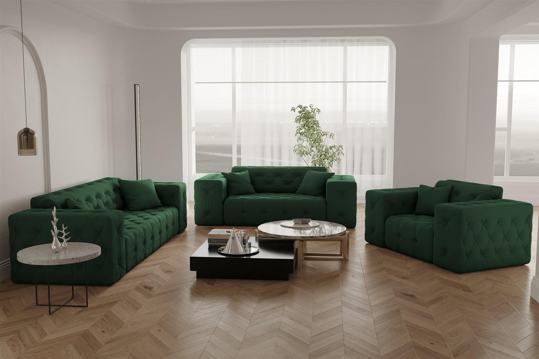 SOFASET Chantal - Grün, Holzwerkstoff/Textil (251/78/96cm) - Fun Möbel