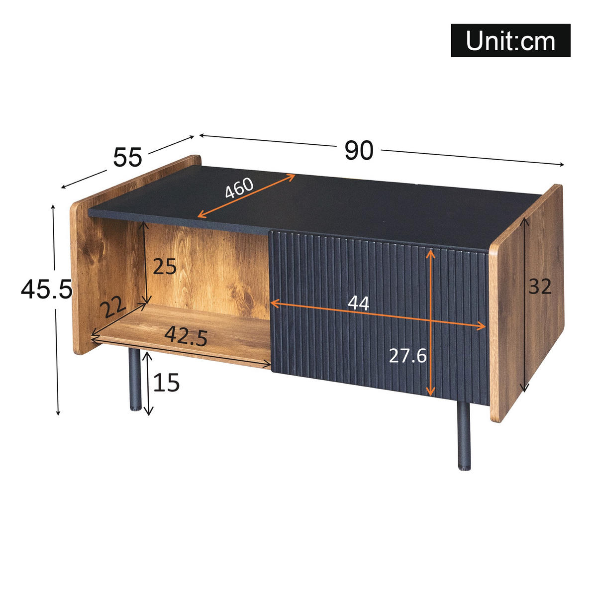 COUCHTISCH Schwarz 90/55/45,5 cm - Schwarz, Holzwerkstoff (55/90/45.5cm) - Urban Meuble