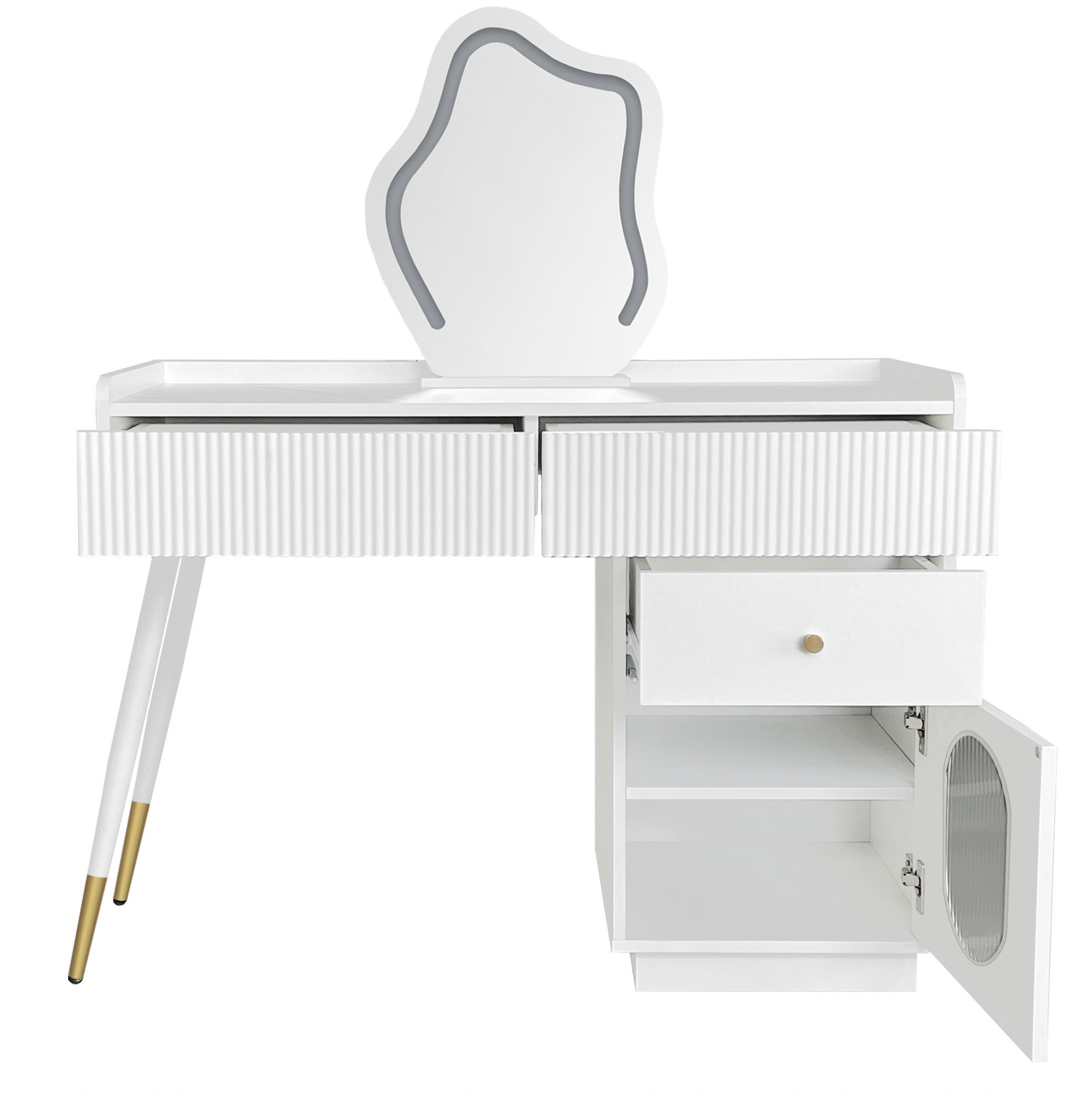 SCHMINKTISCH 100/40/75 cm in Weiß mit LED-Spiegel und flexiblem Seitenschrank - Weiß, Holzwerkstoff (40/75/100cm) - Flora Grace
