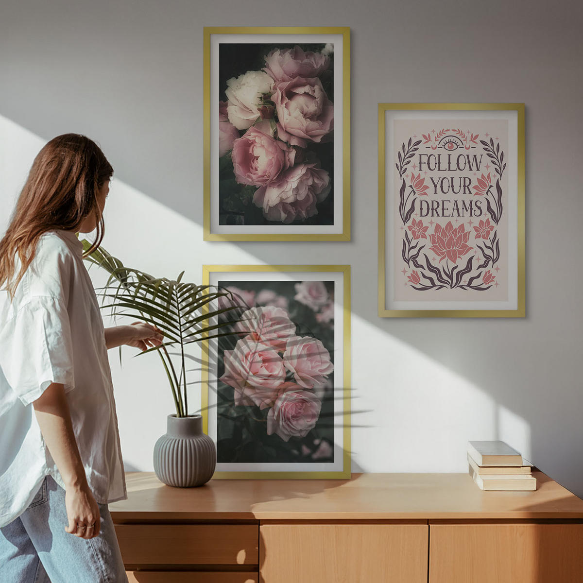 WANDBILDER 3er Set - 40x60 cm Goldrahmen - Vintage-Rosenträume-Inschrift - Goldfarben, Kunststoff (40/60cm) - ArtPrintCave