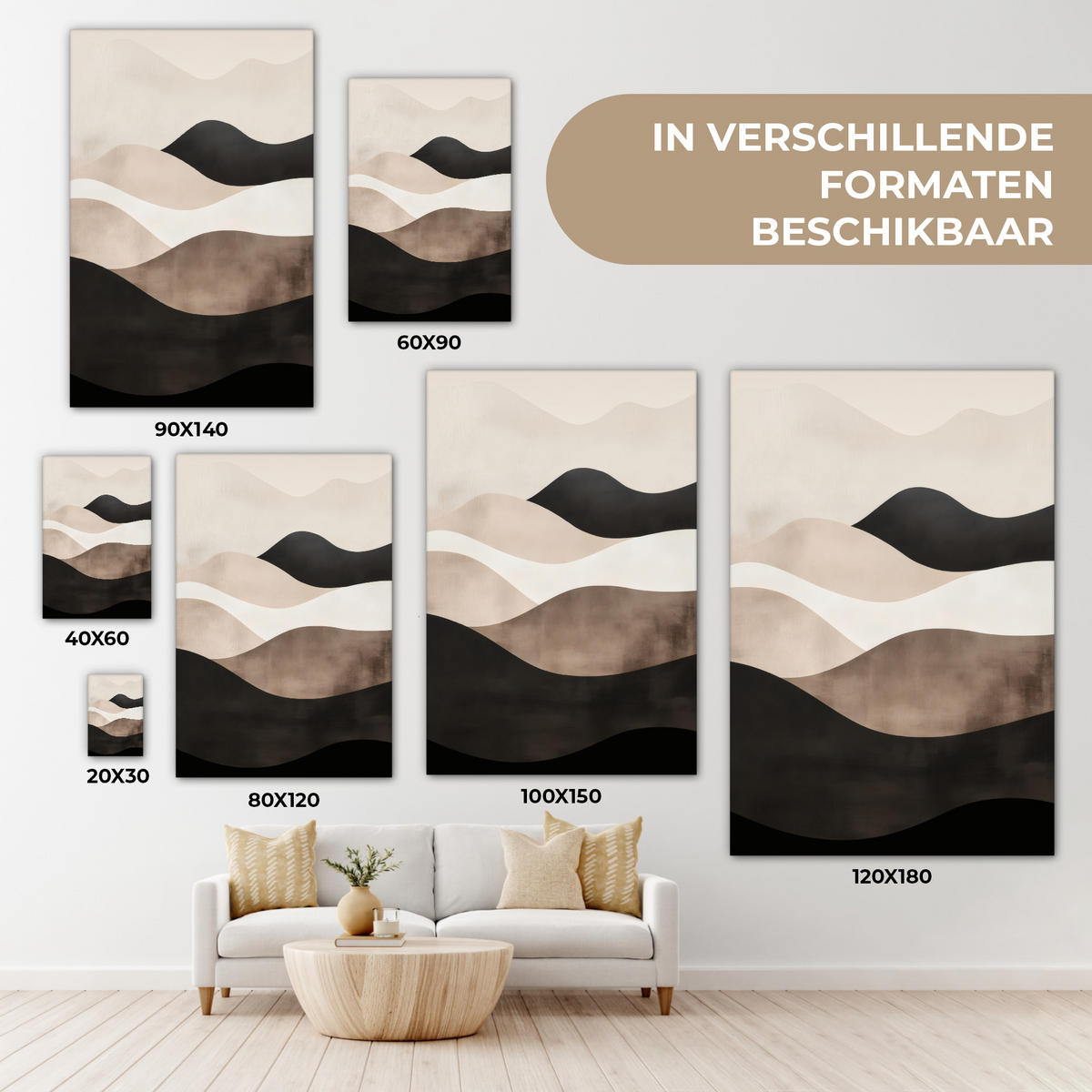 LEINWANDBILD Abstrakt - Landschaft - Wellen - Cremefarben Deko XXL 80x120 cm - Cappuccino, Textil (80/120cm) - MuchoWow