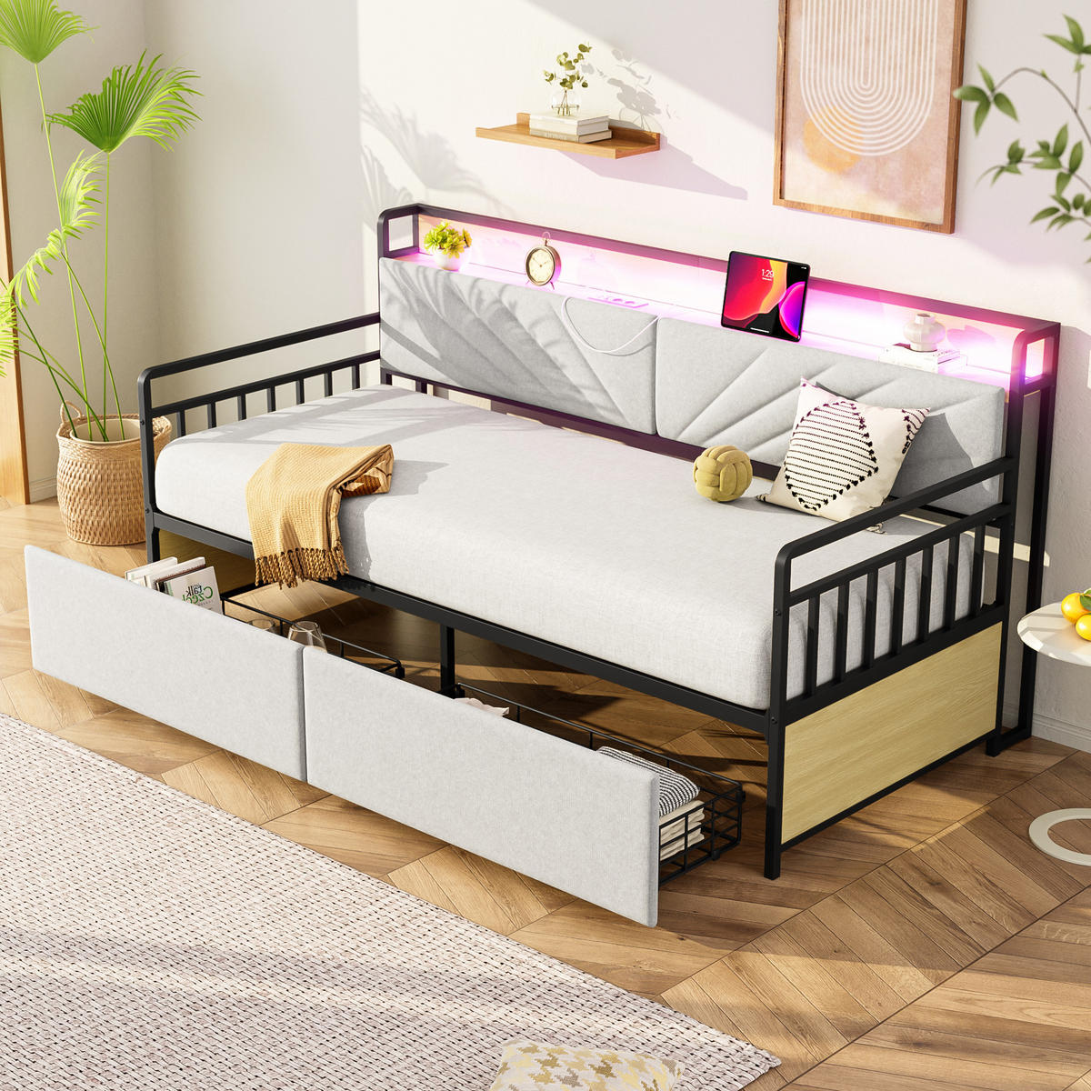 EINZELBETT 90x200cm mit Schubladen, Metallbetthalter，Beige - Beige, Metall (90/200cm) - KOMHTOM