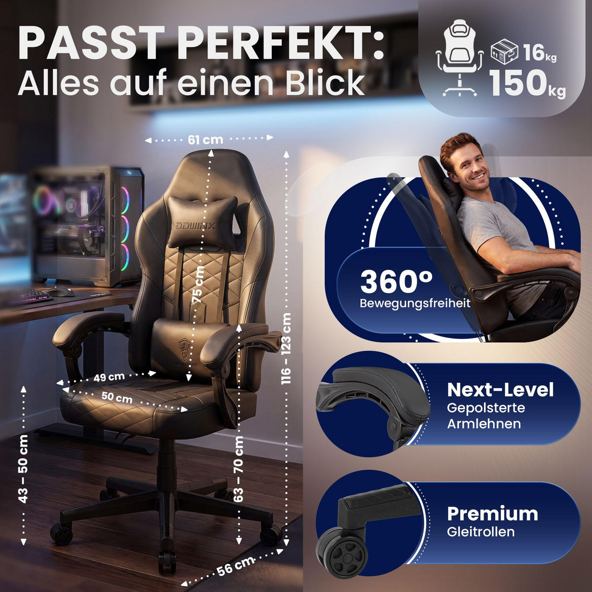 CHEFSESSEL Lederlook Schwarz - Schwarz, Kunststoff/Textil (61/116/56cm) - CLP