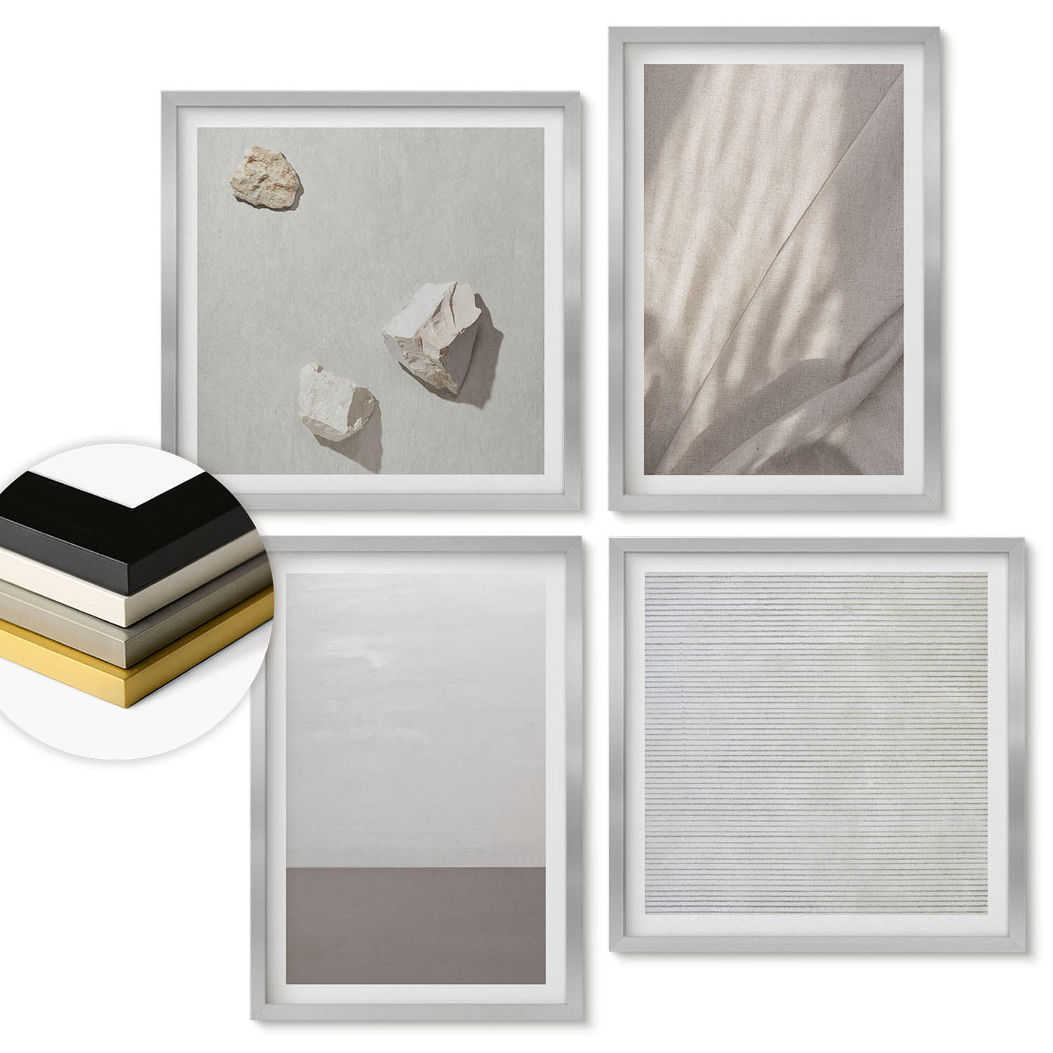 WANDBILDER 4er Set - 50x50 cm & 40x60 cm Silberner Rahmen - Zarte Boho-Texturen der Natur - Silberfarben, Kunststoff (50/50cm) - ArtPrintCave