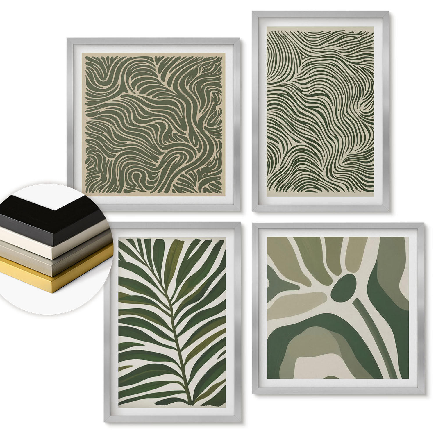WANDBILDER 4er Set - 50x50 cm & 40x60 cm Silberner Rahmen - Blattmuster und wellenförmige Formen - Silberfarben, Kunststoff (50/50cm) - ArtPrintCave