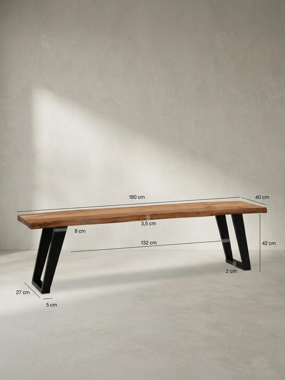 ESSZIMMERBANK Massivholz Metall Baumkante U-Beine, Akazie 180x40x46 cm - Schwarz/Braun, Holz/Metall (180/46/40cm) - KADIMA DESIGN