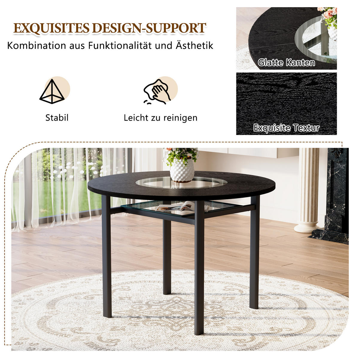 ESSTISCH 100/100/76 cm Schwarz rund mit Glaseinlage MDF und Metallgestell - Schwarz, Holzwerkstoff (100/100/76cm) - OKWISH