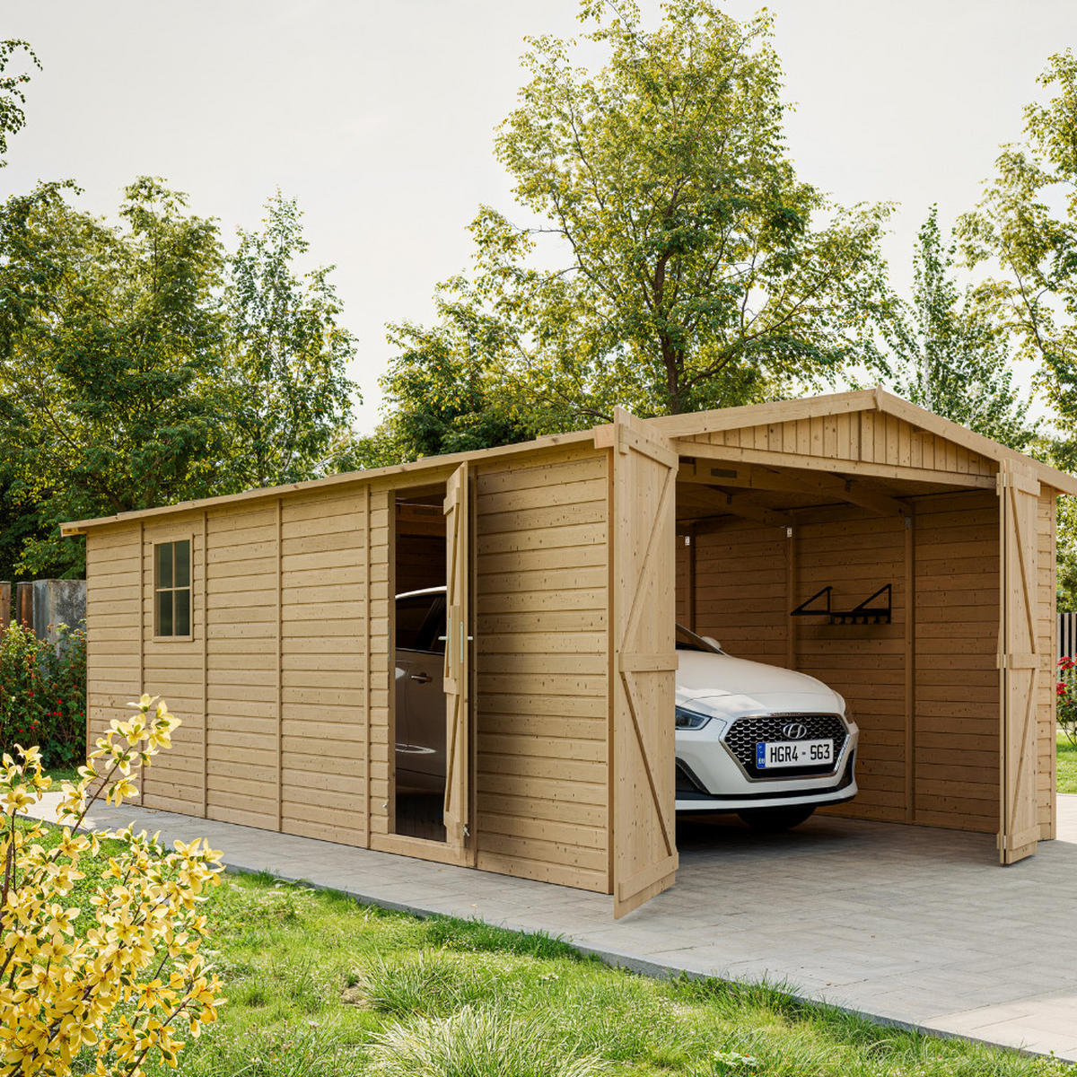 HOLZGARAGE Abstellraum mit Fenstern- H222x616x324 cm /18 m2 - TIMBELA M102 - Naturfarben, Holz (303/183/591cm) - Timbela