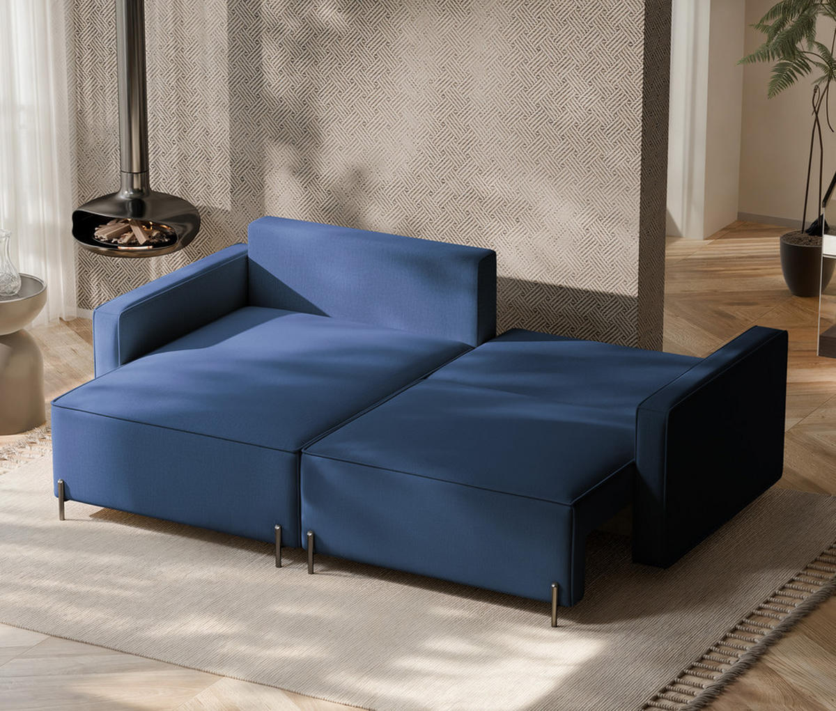 ECKSOFA LEO Links, mit Schlaffunktion und Bettkasten, Marineblau - Dunkelblau, Textil/Metall (229/148cm) - Idohome