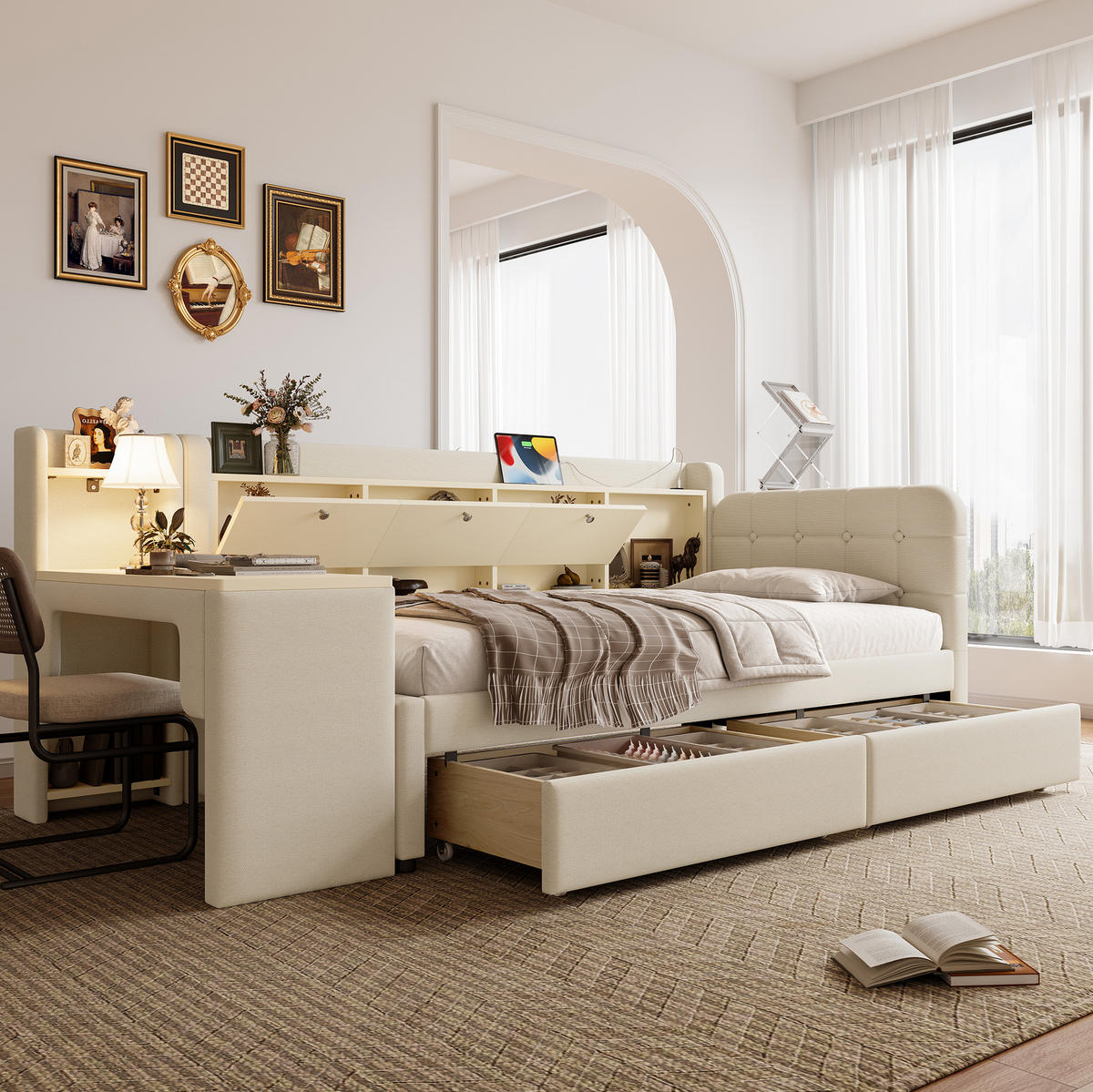 POLSTERBETT 90/200 cm in Beige mit Schreibtisch, 2 Schubladen und USB - Beige, Textil (90/200cm) - Flora Grace
