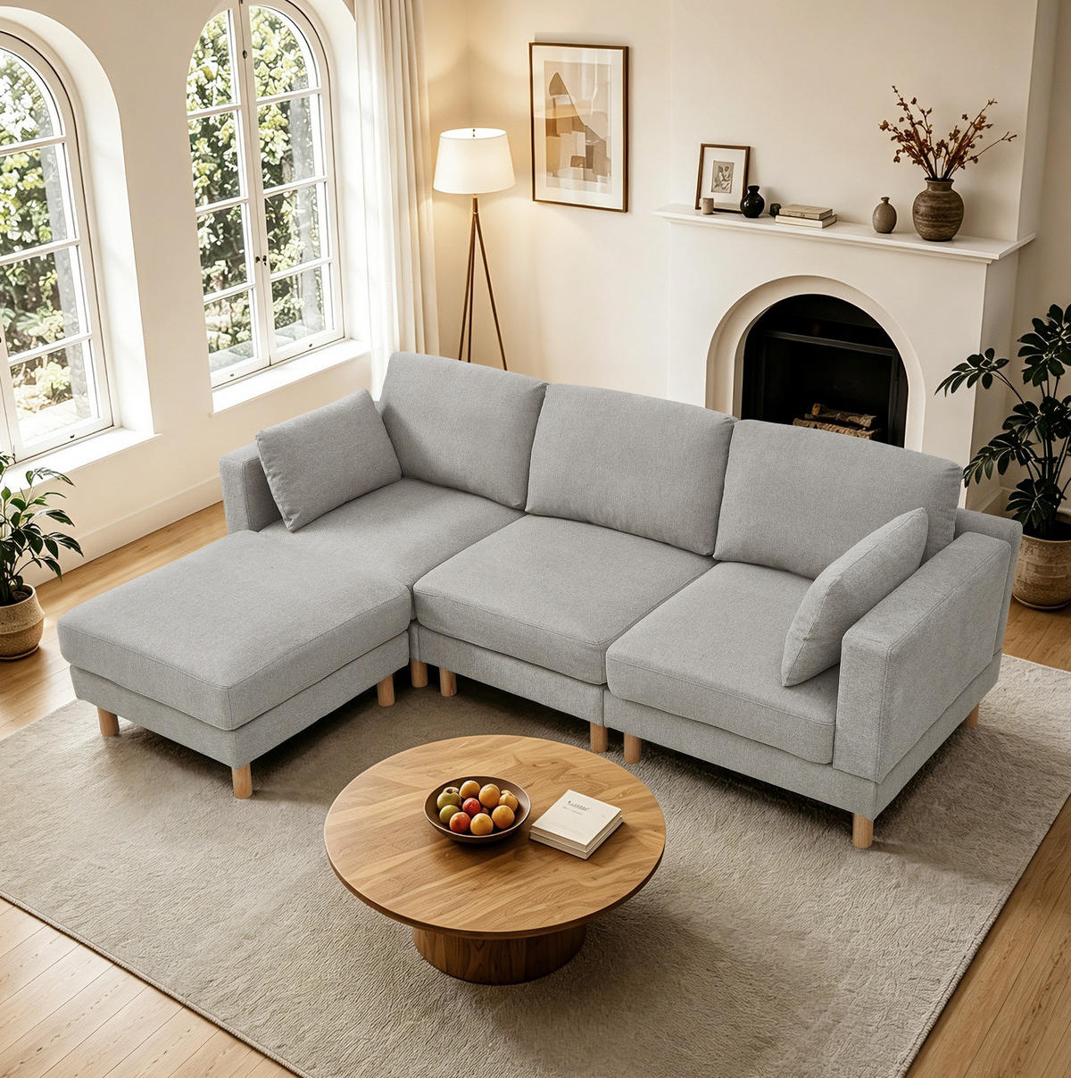 ECKSOFA L-förmiges 235/152/78 cm 3-Sitzer mit Hocker, Polyester-Bezug, Hellgrau - Hellgrau, Textil (152/253cm) - Redom