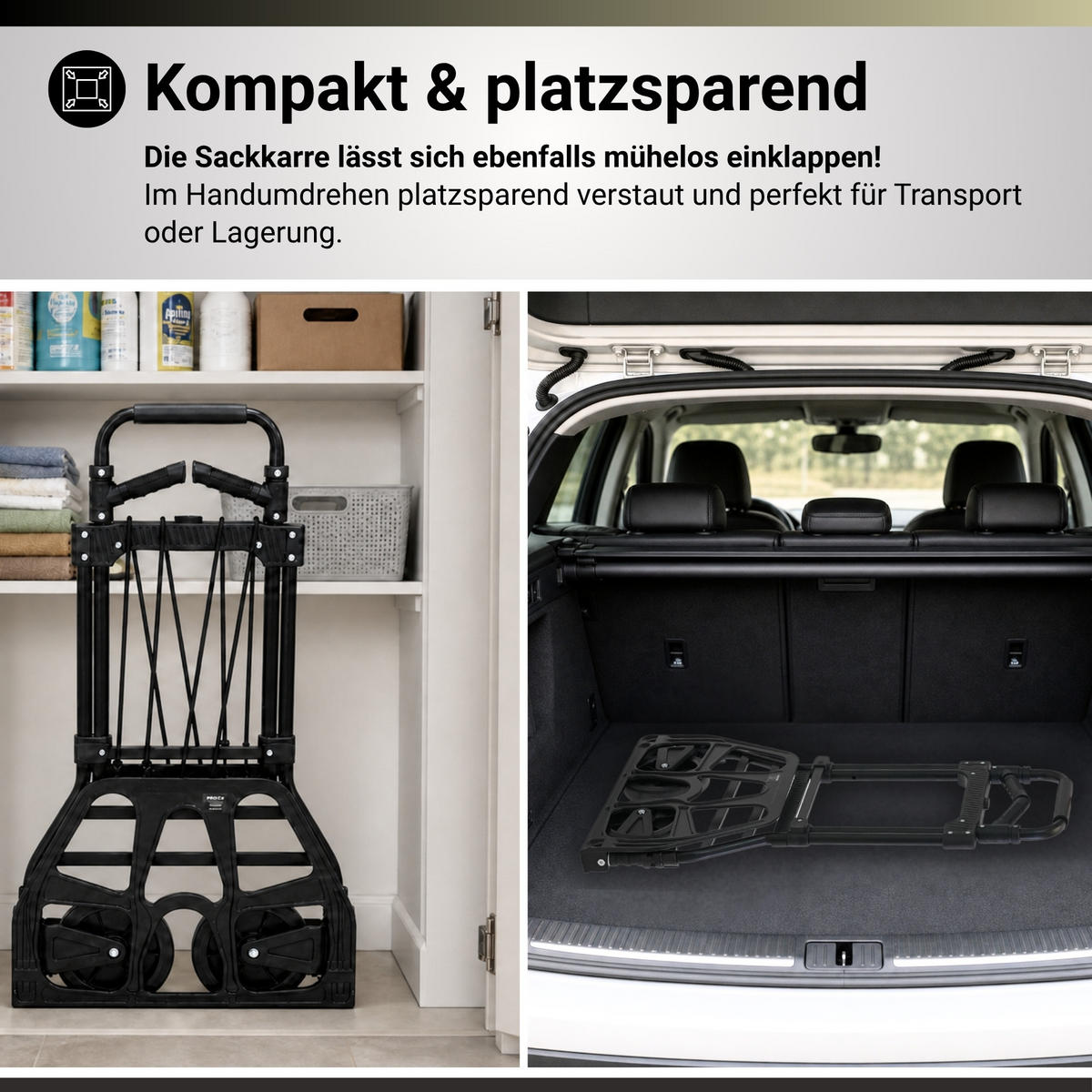 SACKKARRE Elephant klappbar 115x50x53cm Traglast 150kg AluminiumrahmenTRR Fachgummiräder Schwarz - Schwarz, Metall (53/50/115cm) - PROREGAL
