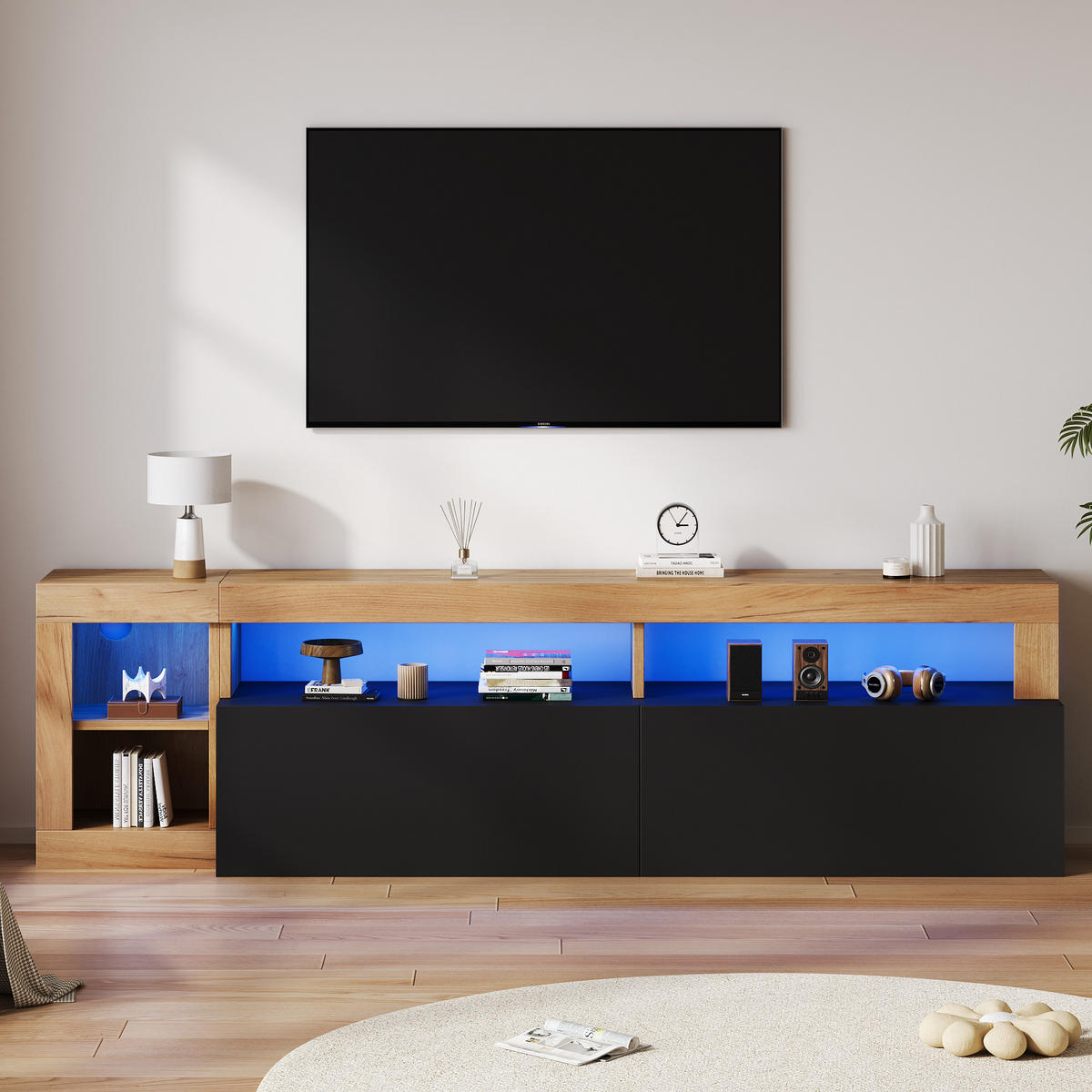 TV-ELEMENT184X42X58CM mit LED-Beleuchtung für 80 Zoll Fernseher Schwarz Holz - Schwarz, Holz (51.18/11/161.7cm) - Raelunyi
