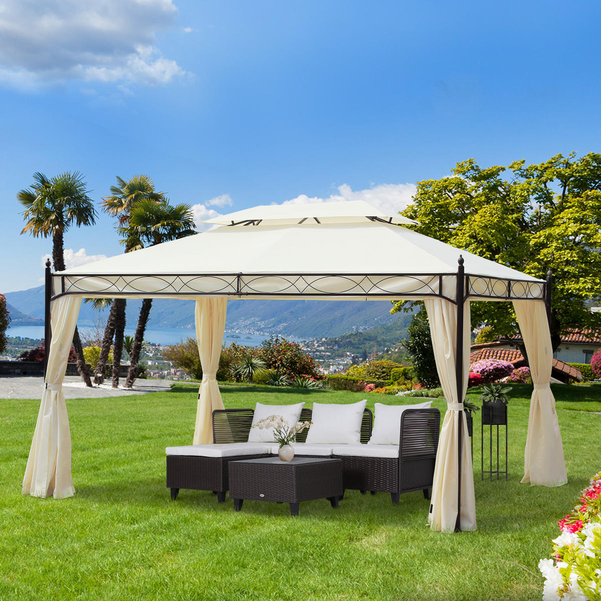 PAVILLON Gartenpavillon Fest Partyzelt Doppeldach Gartenzelt 3x4m Creme - Creme, Metall (400/280/300cm) - Outsunny
