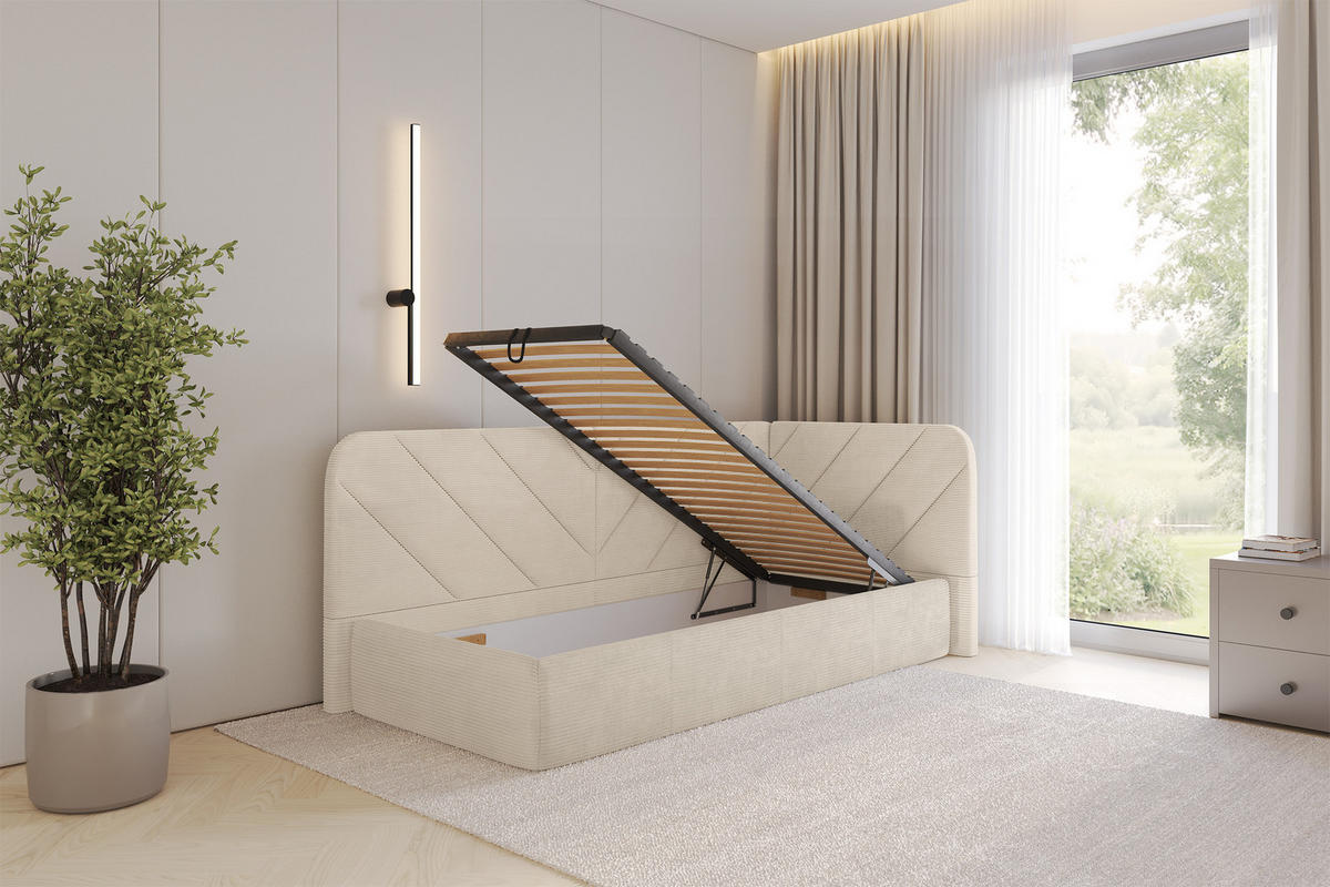 EINZELLBETT Jugendbett mit Bettkasten und Matratze H3/H4, Links - FIKY 90x200 Beige - Creme, Holzwerkstoff/Textil (90/200cm) - ALTDECOR