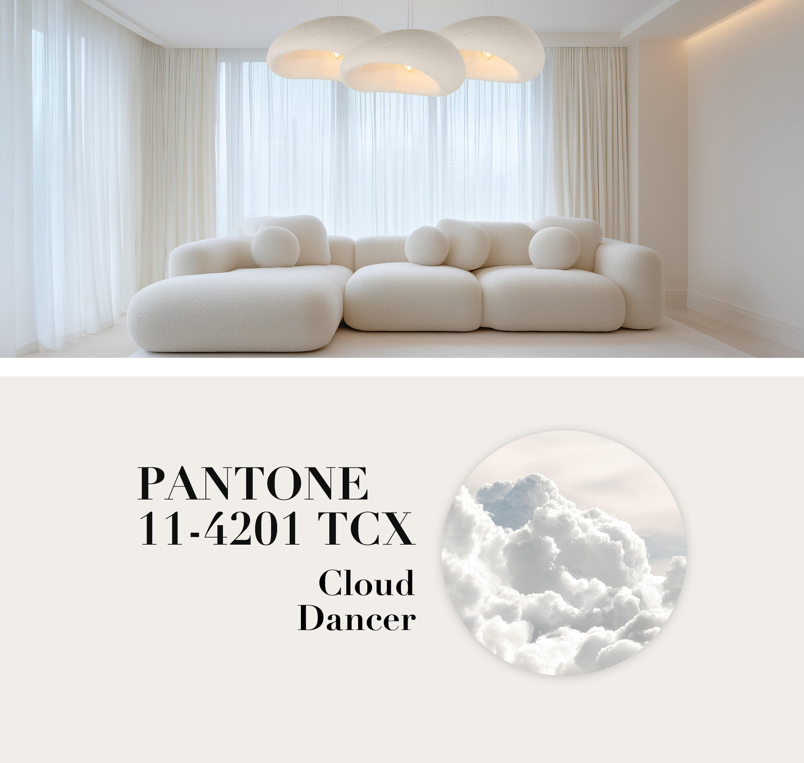 Helles, gemütliches Wohnzimmer mit weißem Sofa und Leuchten an der Decke - Cloud Dancer 11-4201 Pantone - Trendfarbe des Jahres 2026!