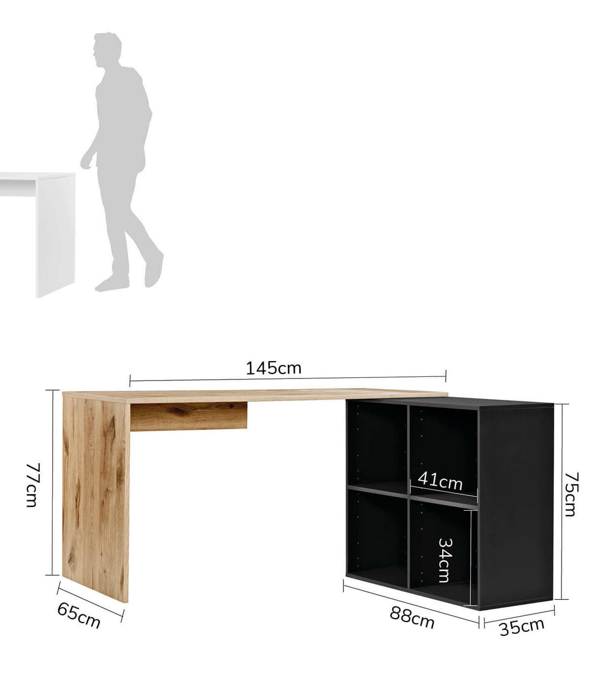 ECKSCHREIBTISCH Der Produktive - Eichefarben/Schwarz, Holzwerkstoff (65/145/77cm) - Mokebo