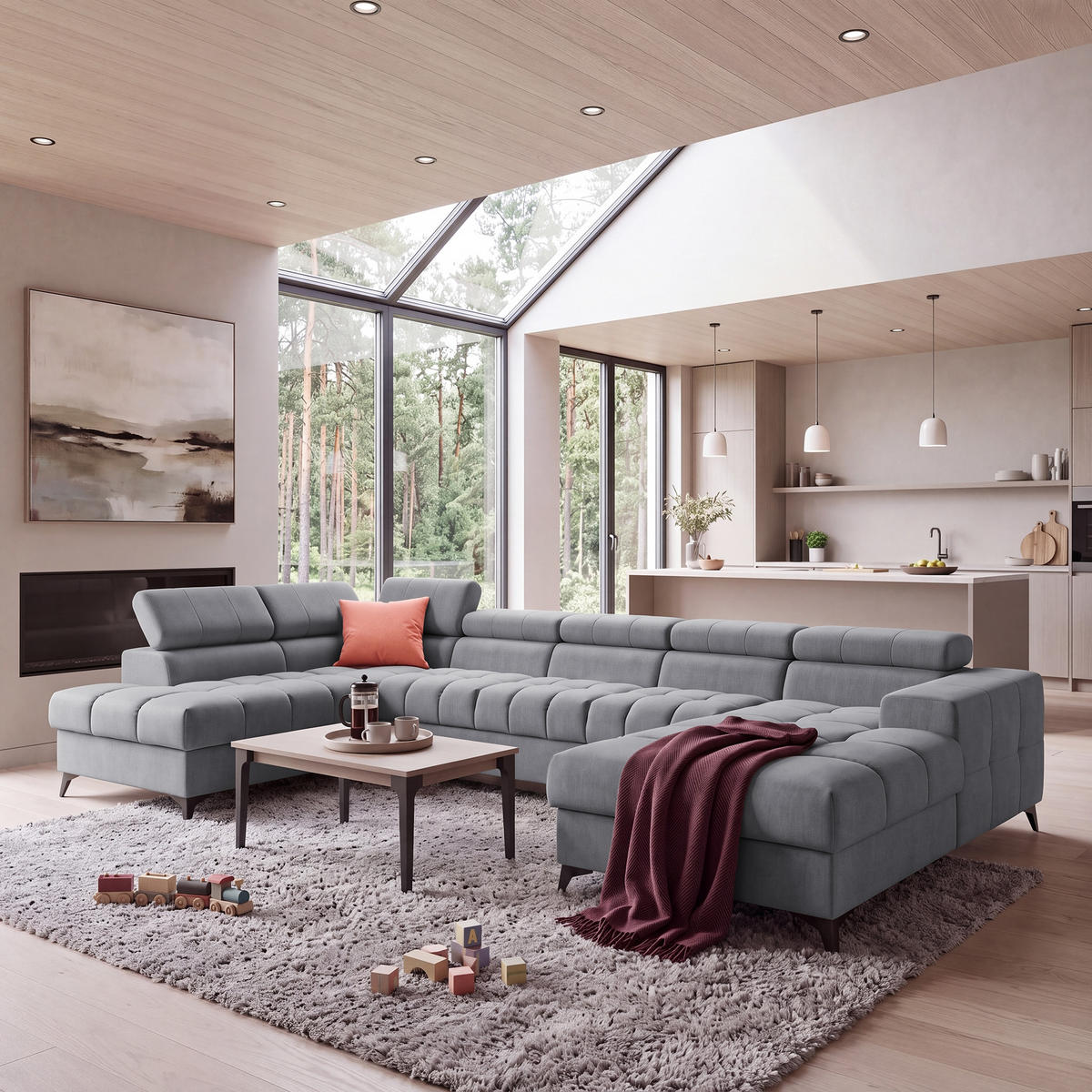 ECKSOFA PUDDING MAXI U Links mit Schlaffunktion 125x330 Velours Dunkelgrau - Dunkelgrau/Schwarz, Holz/Textil (203/421cm) - Muffo