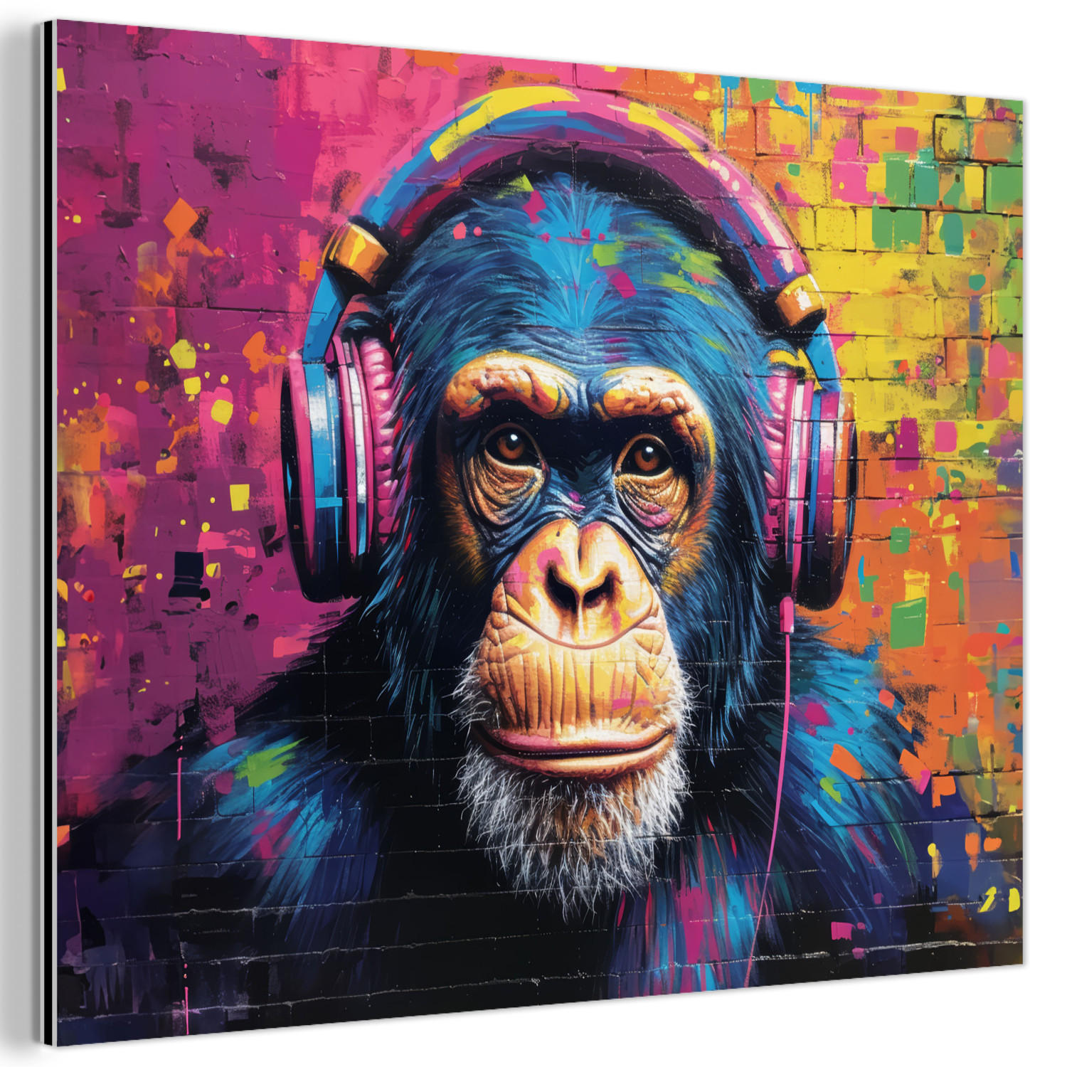 METALLBILD Graffiti - Schimpanse - Straßenkunst - Kopfhörer - Affe 40x30 cm - Blau, Metall (40/30cm) - MuchoWow
