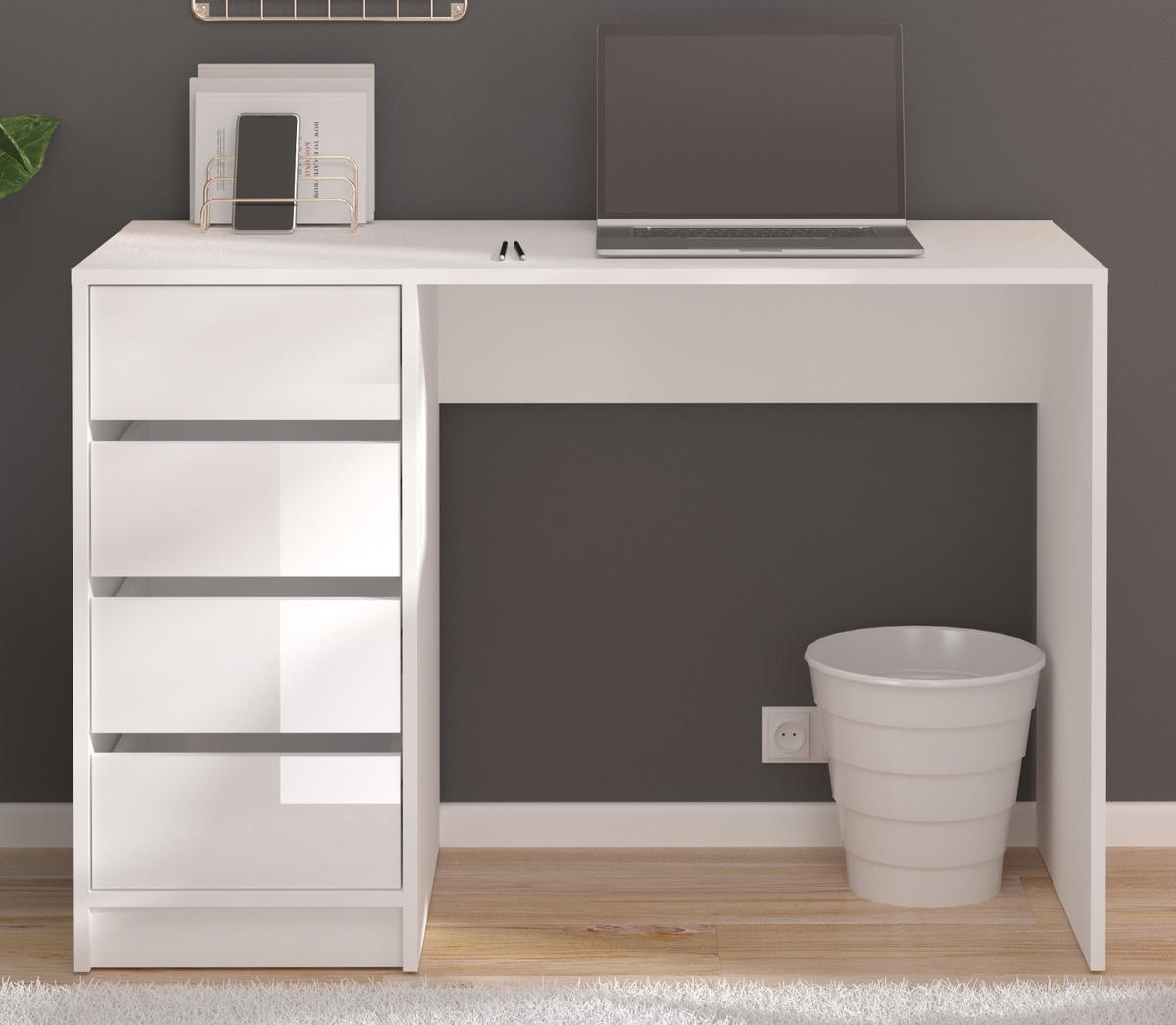 SCHREIBTISCH weiß Hochglanz 110 cm, für Homeoffice und Büro mit 4 Schubladen - Weiß Hochglanz/Weiß, Holzwerkstoff/Metall (110/48/75cm) - Inn.Furn