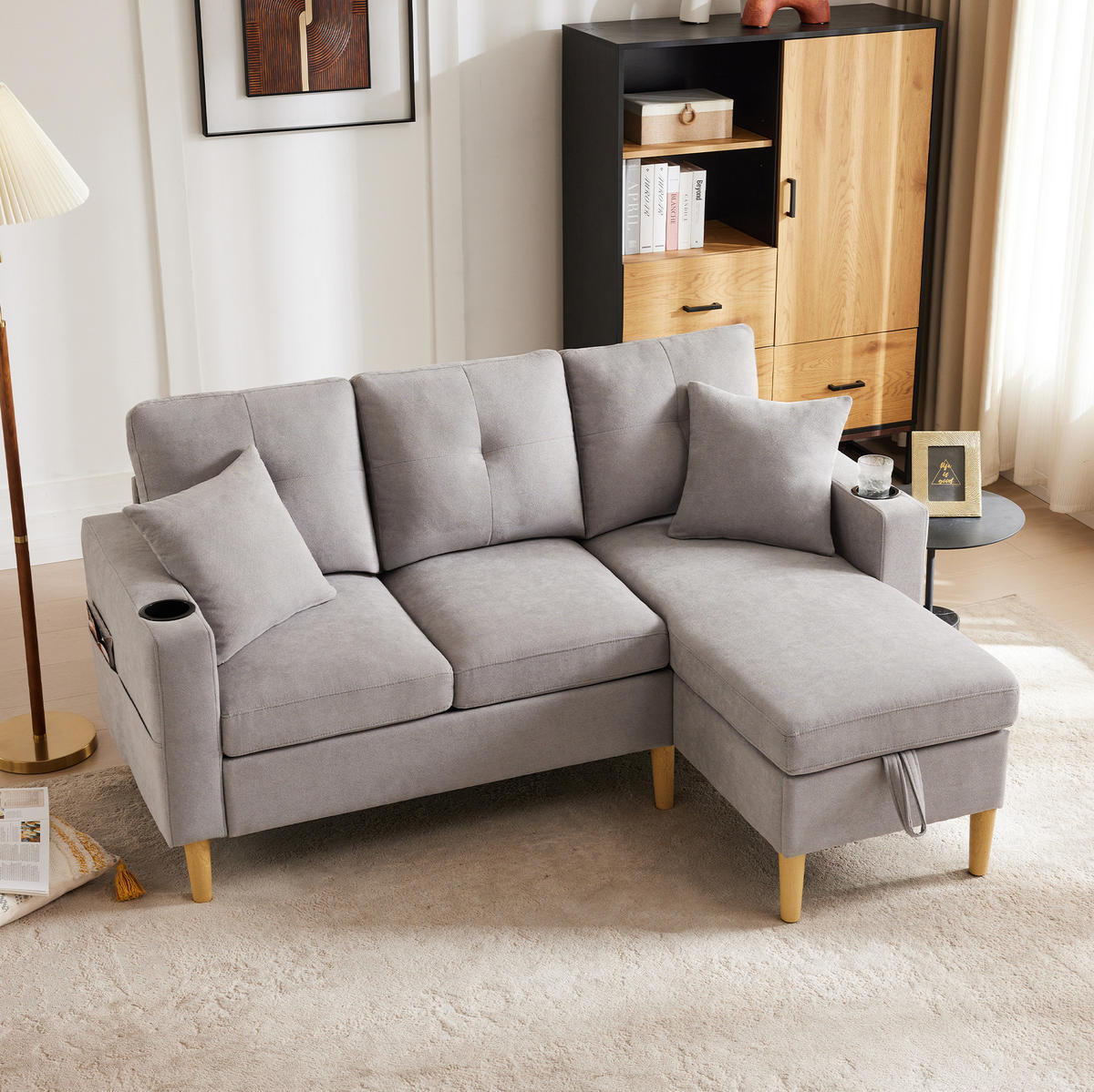 ECKSOFA 175/129/90 cm hellgrau aus Baumwoll-Leinen mit Stauraum - Hellgrau, Textil (175/129cm) - OKWISH