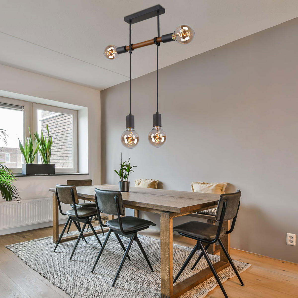 HÄNGELEUCHTE Holz Schwarz 4 Flammig - Schwarz, Holz/Metall (39/6/150cm) - Globo Lighting