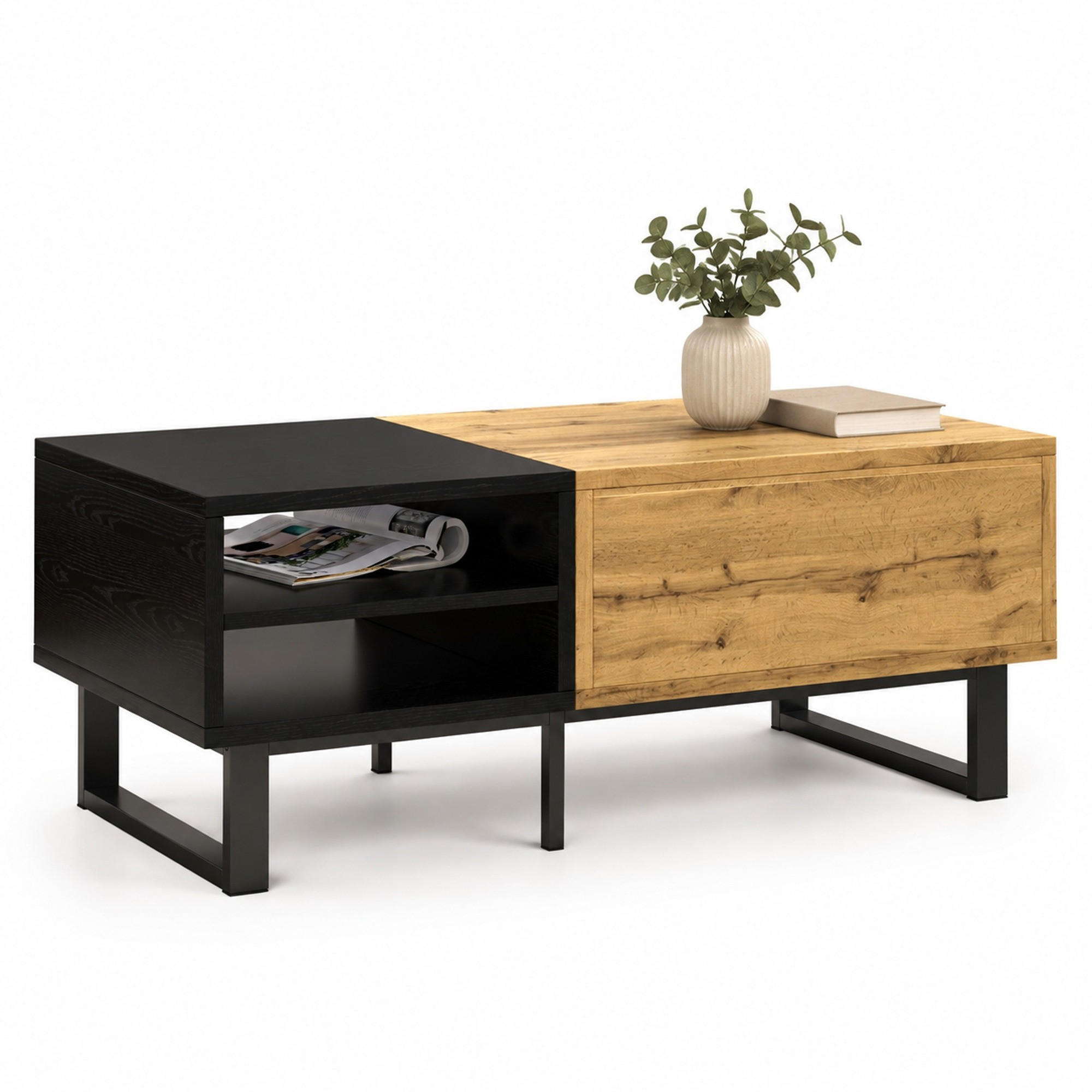 COUCHTISCH 100/50/40 cm Natur/Schwarz aus Spanplatte mit Fächern und Schublade - Naturfarben, Holzwerkstoff (100/50/40cm) - OKMYHOME