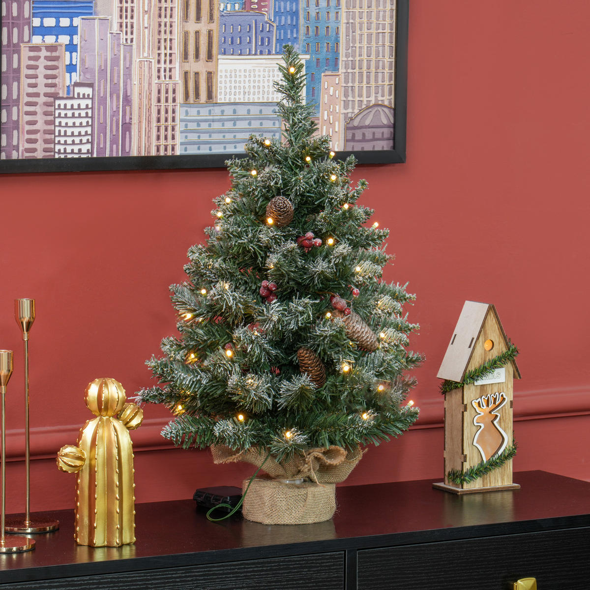 KÜNSTLICHER Weihnachtsbaum 0,6 m Christbaum 86 Astspitzen mit 50 warmweißen LED - Grün, Kunststoff/Metall (60cm) - HOMCOM