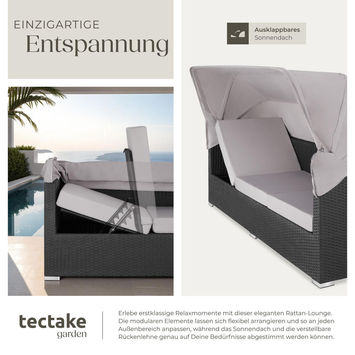 ALUMINIUM RATTANLOUNGE San Marino, mit klappbarem Sonnenschutz, schwarz - Schwarz, Kunststoff (68/131/199cm) - tectake
