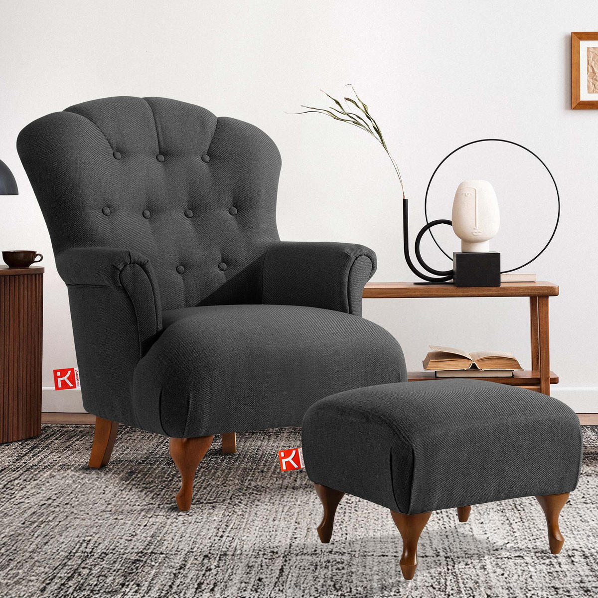 FUẞSTÜTZE TOMIS, Anthrazit - Anthrazit/Braun, Eichenholz/Holz (50/40/50cm) - KONSIMO®