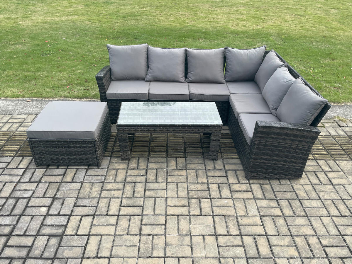 GARTENSOFA SET Hohe Rückenlehne Polyrattan Dunkelgrauer Mix 7-Sitzer - Dunkelgrau/Grau, Glas/Kunststoff - Fimous