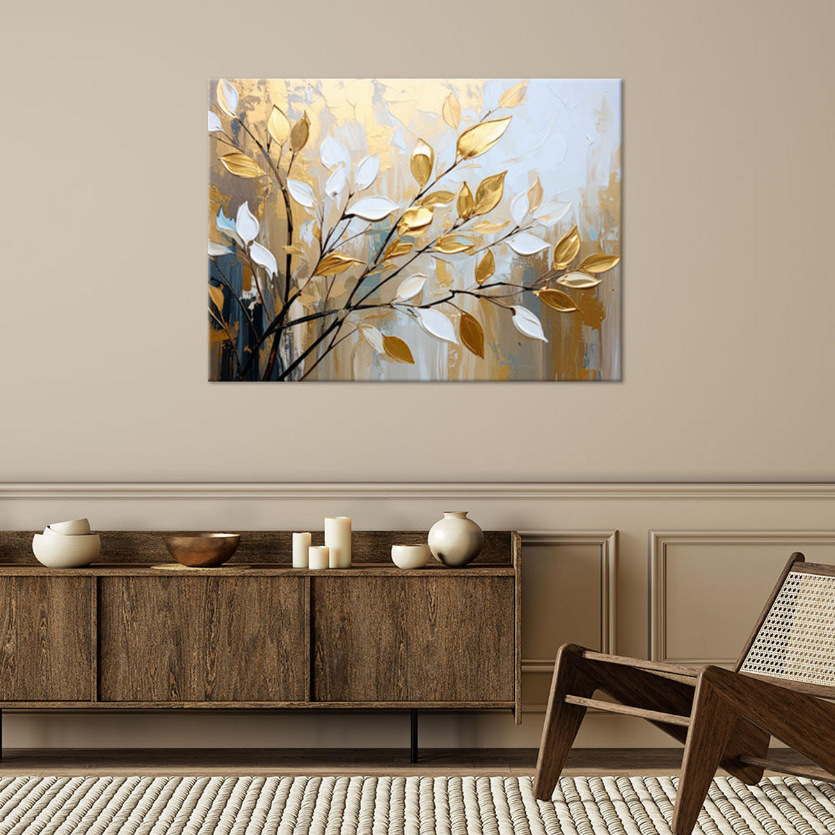 LEINWANDBILD Glamour Goldene Blätter Zweige 120x80cm - Beige, Textil (120/80cm) - Feeby