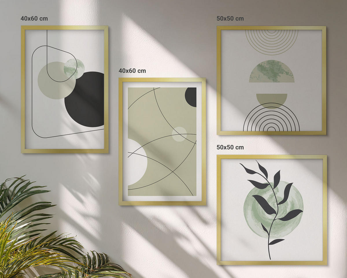 WANDBILDER 4er Set - 50x50 cm & 40x60 cm Goldrahmen - Abstrakte Formen und Farben - Goldfarben, Kunststoff (50/50cm) - ArtPrintCave