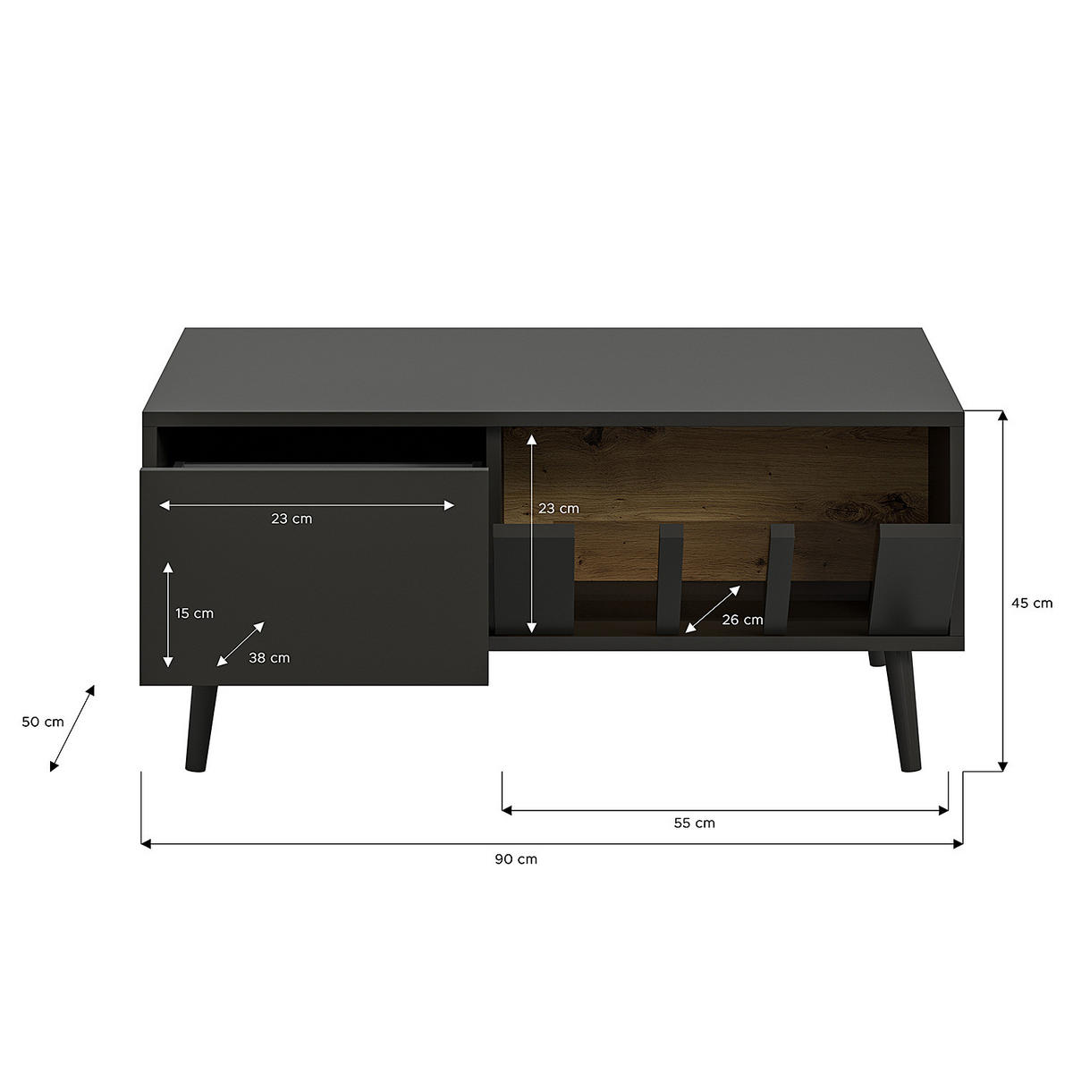 COUCHTISCH - Schwarz / Eiche Artisan Dekor - Eichefarben/Schwarz, Holzwerkstoff (55/90/45cm) - home24