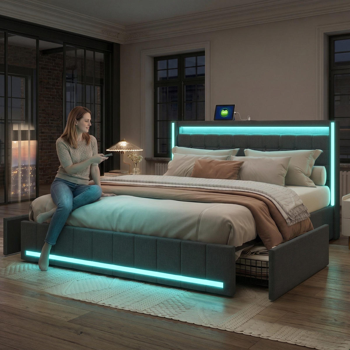POLSTERBETT 140x190 cm Dunkelgrau Leinen LED USB 4 Schubladen - Grau, Holz (140/200cm) - SHOPENTRA