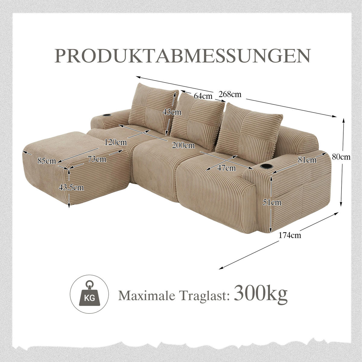 MODULARES 3-Sitzer Sofa Cordstoff mit Hocker Getränkehalter und Seitentasche 268/174/80 cm Sandfarben - Sandfarben, Textil (174/268cm) - Redom