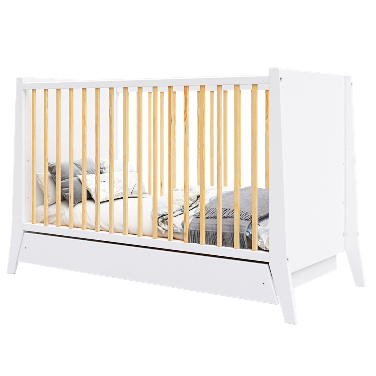 BABYBETT Zoe, Mitwachsendes, mit Schublade Weiß und Kiefer - Kieferfarben, Holz (60/120cm) - Premiers Moments