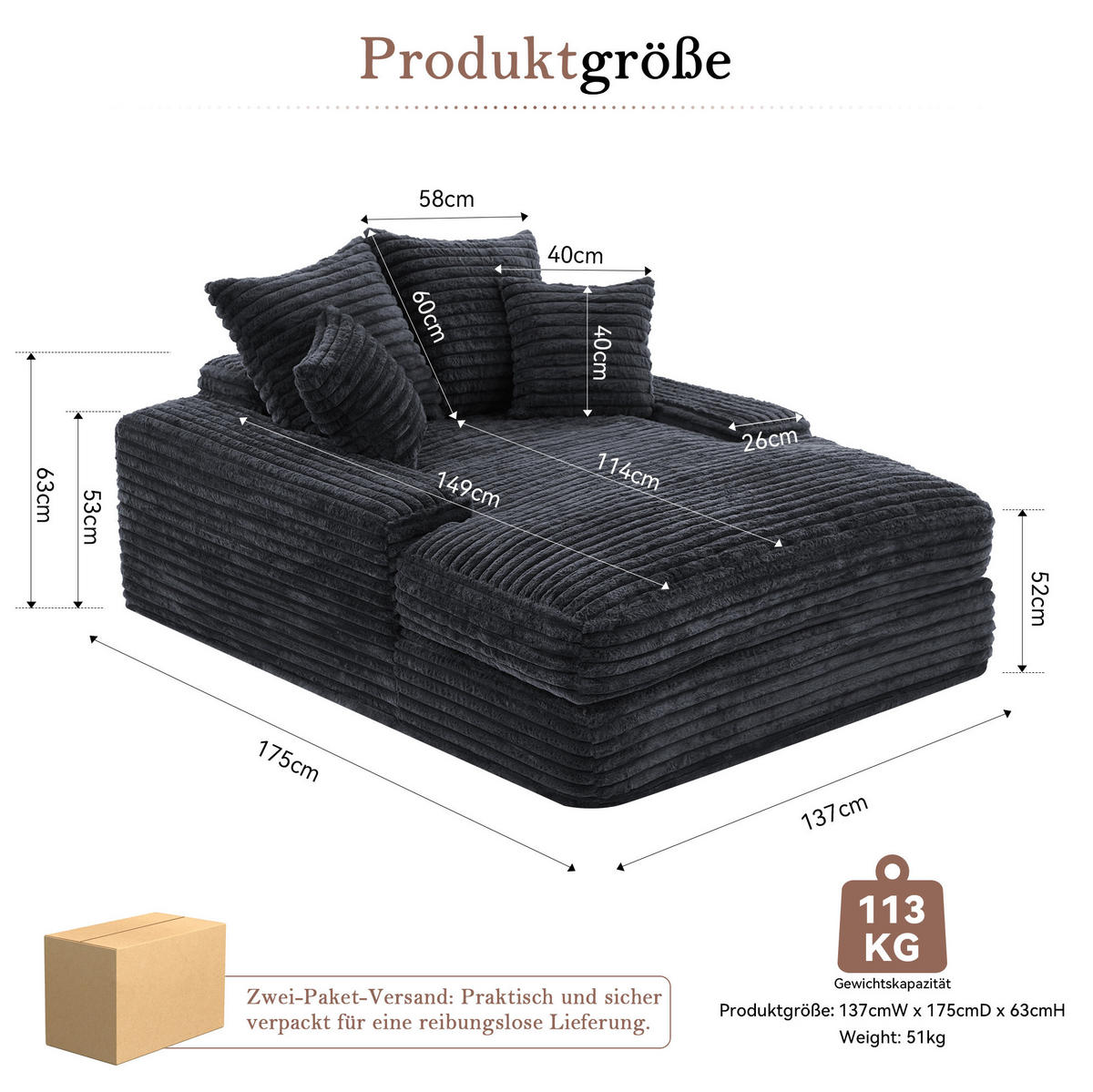 RELAXLIEGE aus Cord 137 x 175 cm Grau mit 4 Kissen - Grau, Kunststoff (137/63/175cm) - Beauniv