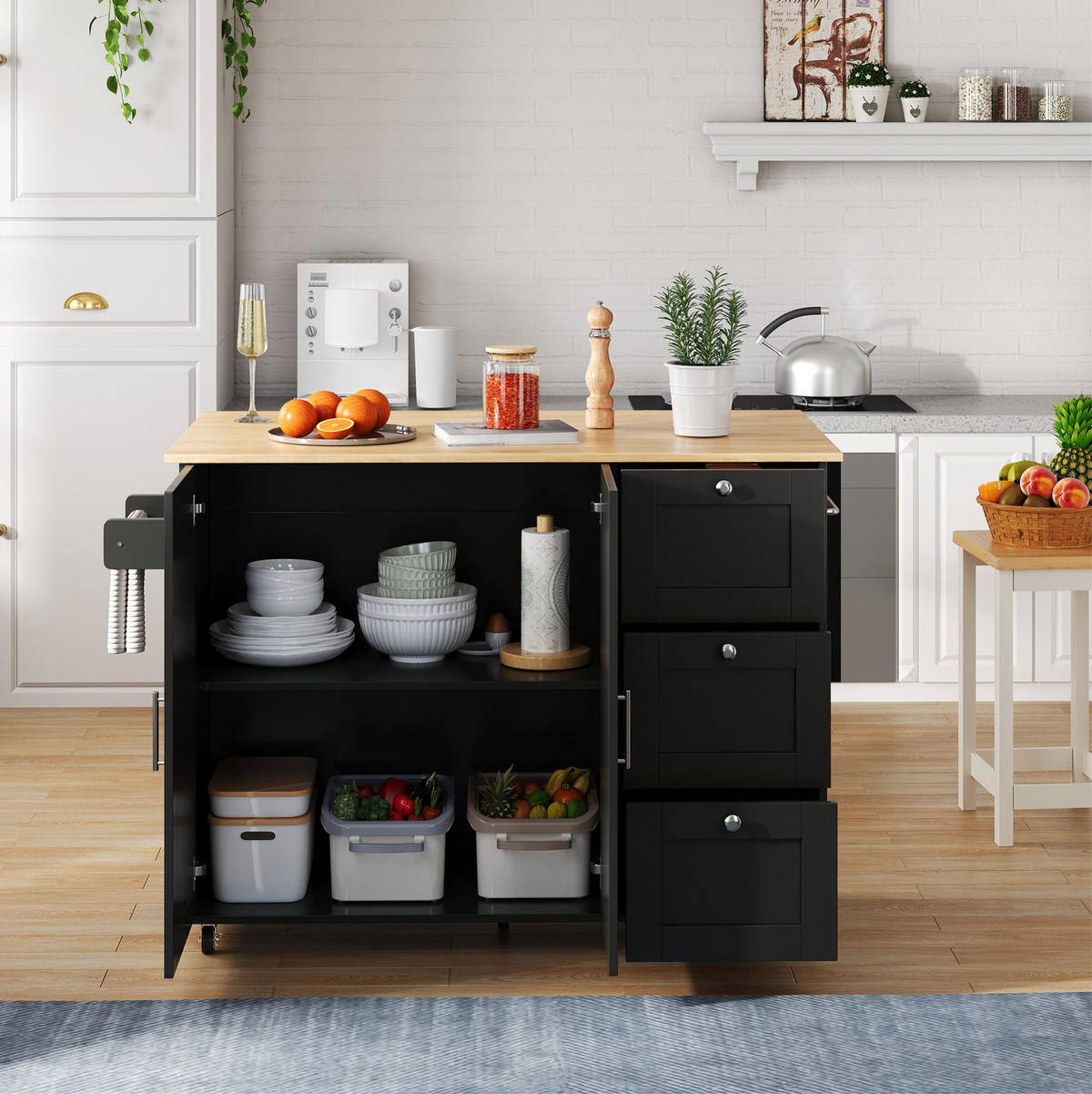 KÜCHENWAGEN 135/44(70)/90 cm in Schwarz/Natur mit Klappplatte und 3 Schubladen - Schwarz, Holzwerkstoff (135/90/44cm) - Flora Grace