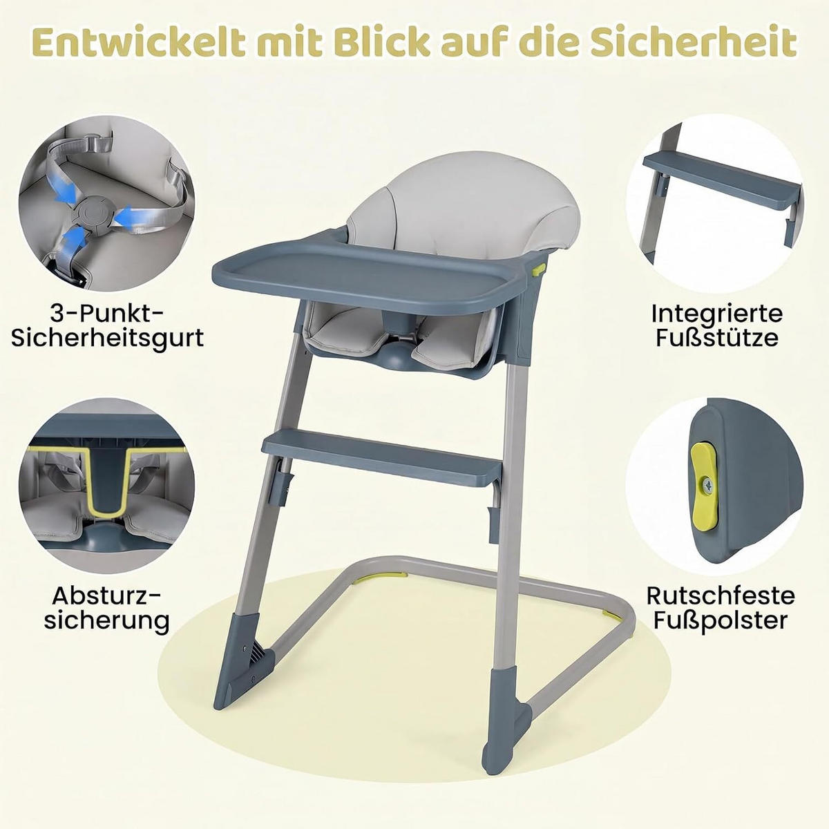 BABYHOCHSTUHL mit abnehmbarem Tablett & Sitzkissen grau - Grau, Metall (62/86/58cm) - COSTWAY