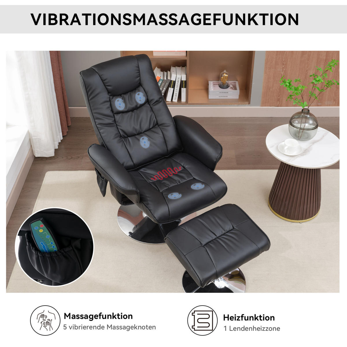 MASSAGESESSEL PU-Leder mit Heizfunktion und 5-Punkt-Massage 79/79/106 cm Schwarz - Schwarz, Kunststoff (79/106/79cm) - Redom