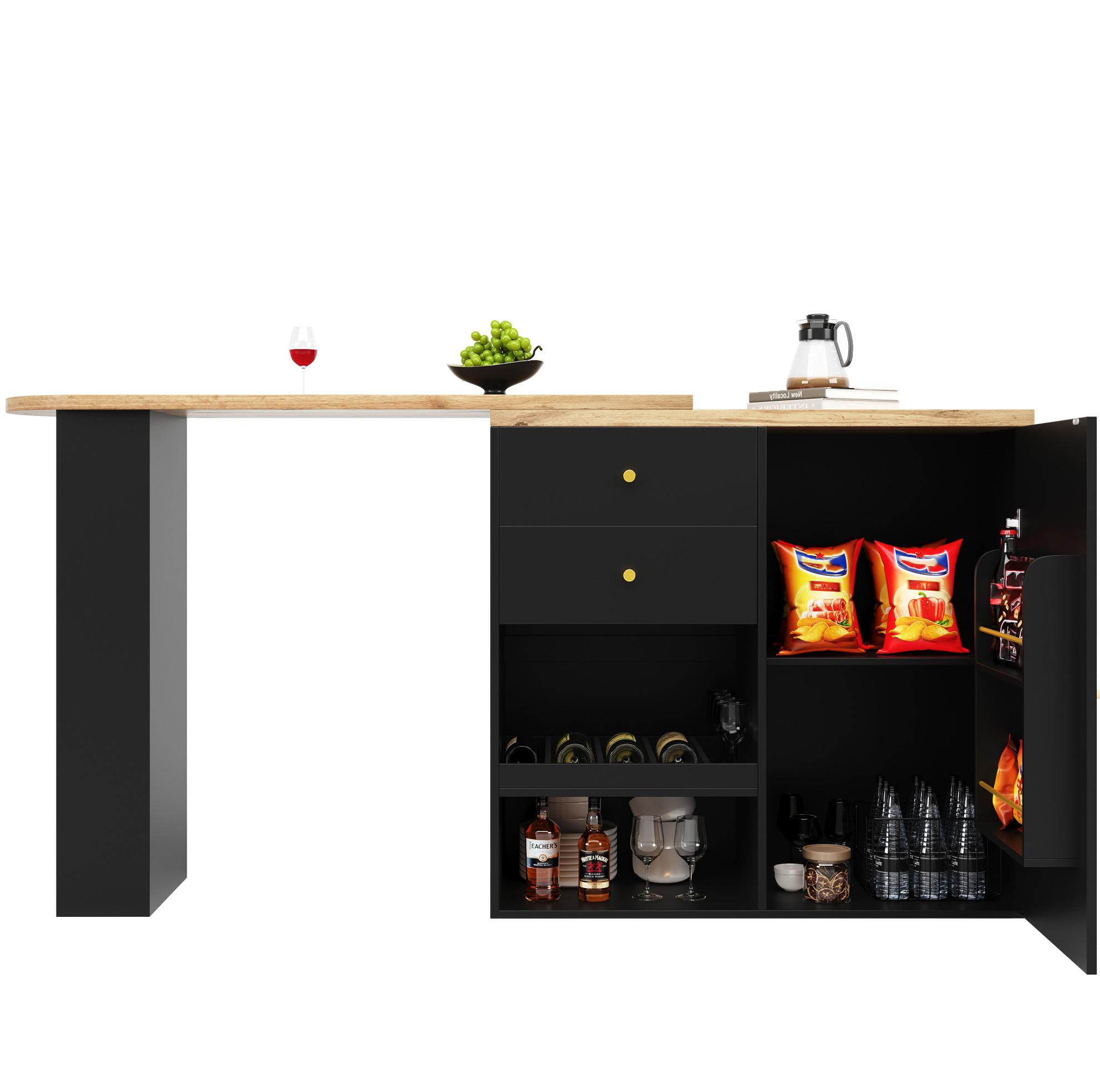 DREHBARER Bartisch/Schrank aus MDF, 105/39/102 cm + drehbares Regal, Schwarz, mit 4 Schubladen - Schwarz, Holzwerkstoff (39/102/105cm) - Redom