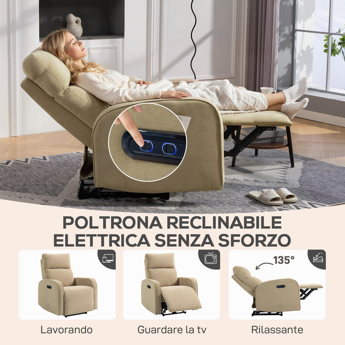 RELAXSESSEL,ELEKTRISCH Chenille Fußstütze verstellbare Kopfstütze Steckdosen,beige - Beige, Textil (80/103/93cm) - Vallsero