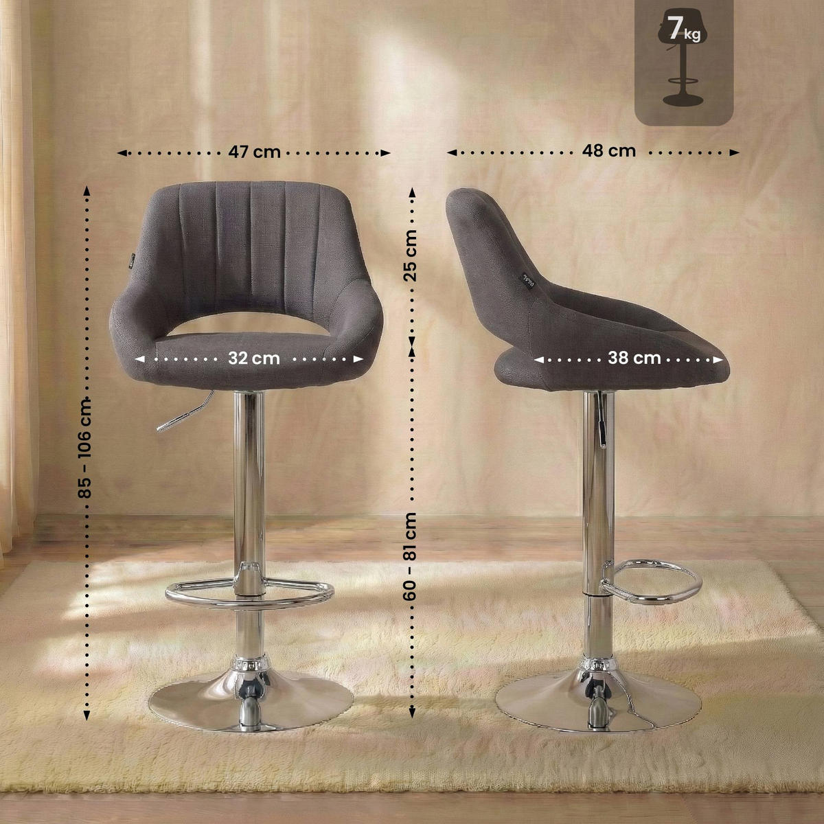 BARHOCKER Stoff Dunkelgrau - Chromfarben/Dunkelgrau, Textil/Metall (47/85/48cm) - CLP