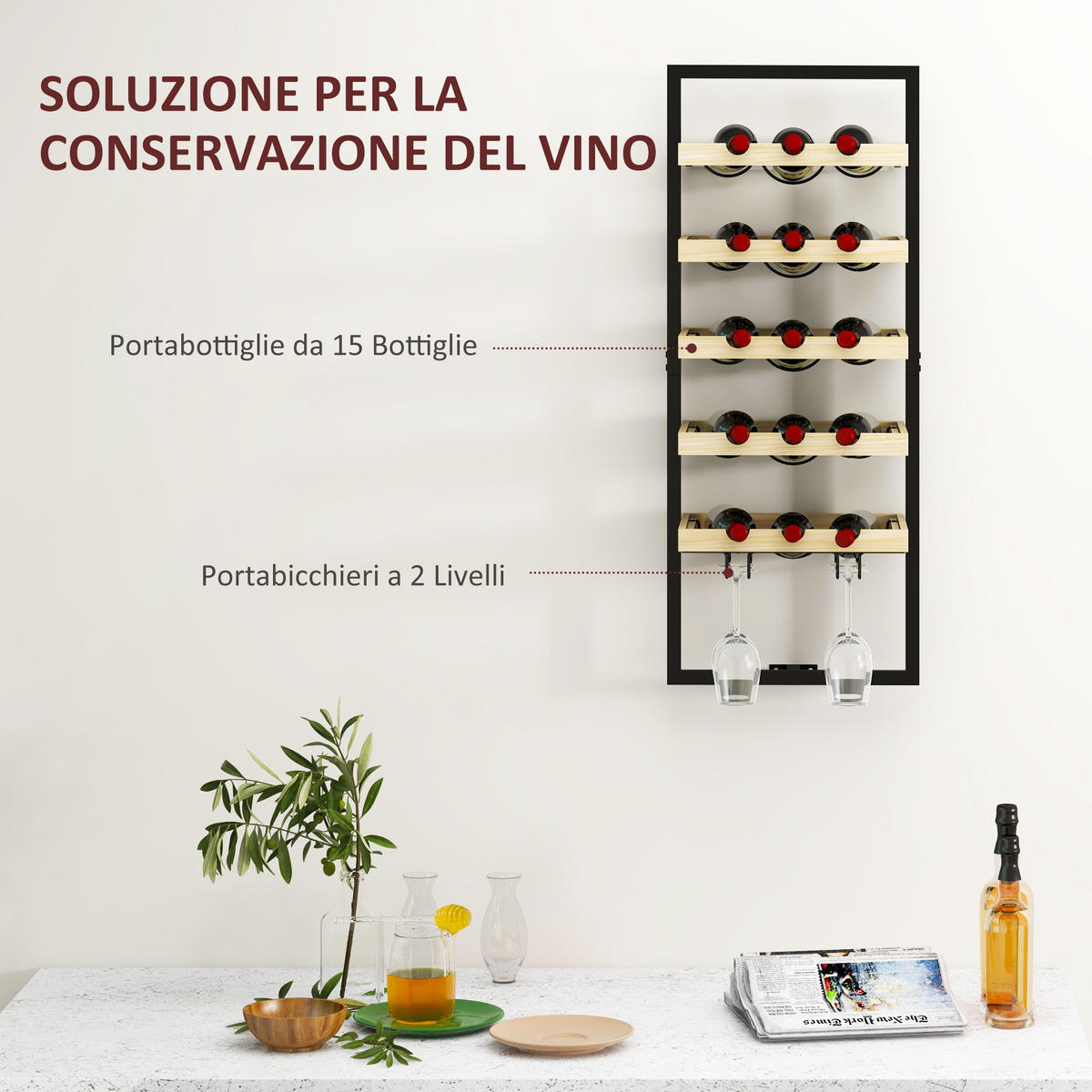 WEINREGAL, wandmontiert, Holz/Stahl, 15 Flaschen, 4 Gläser, 35x25x86cm - Multicolor, Metall (35/86/25cm) - FORIOUS